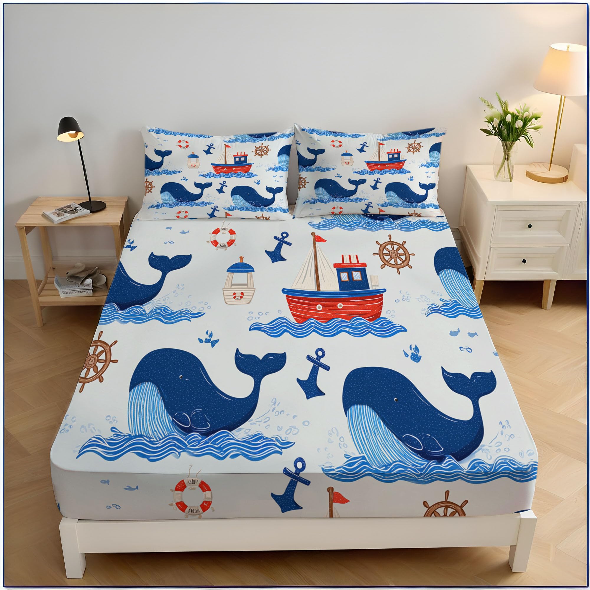 Drap housse 90x190cm imprimé baleine housse matelas épais bonnet 30cm
