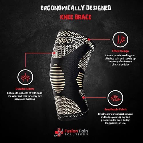 Miniatura 7 de Fusion Pain Solutions Rodillera de compresión de cobre para dolor y apoyo de artritis, deportes, alivio del dolor de rodilla, hinchazón,