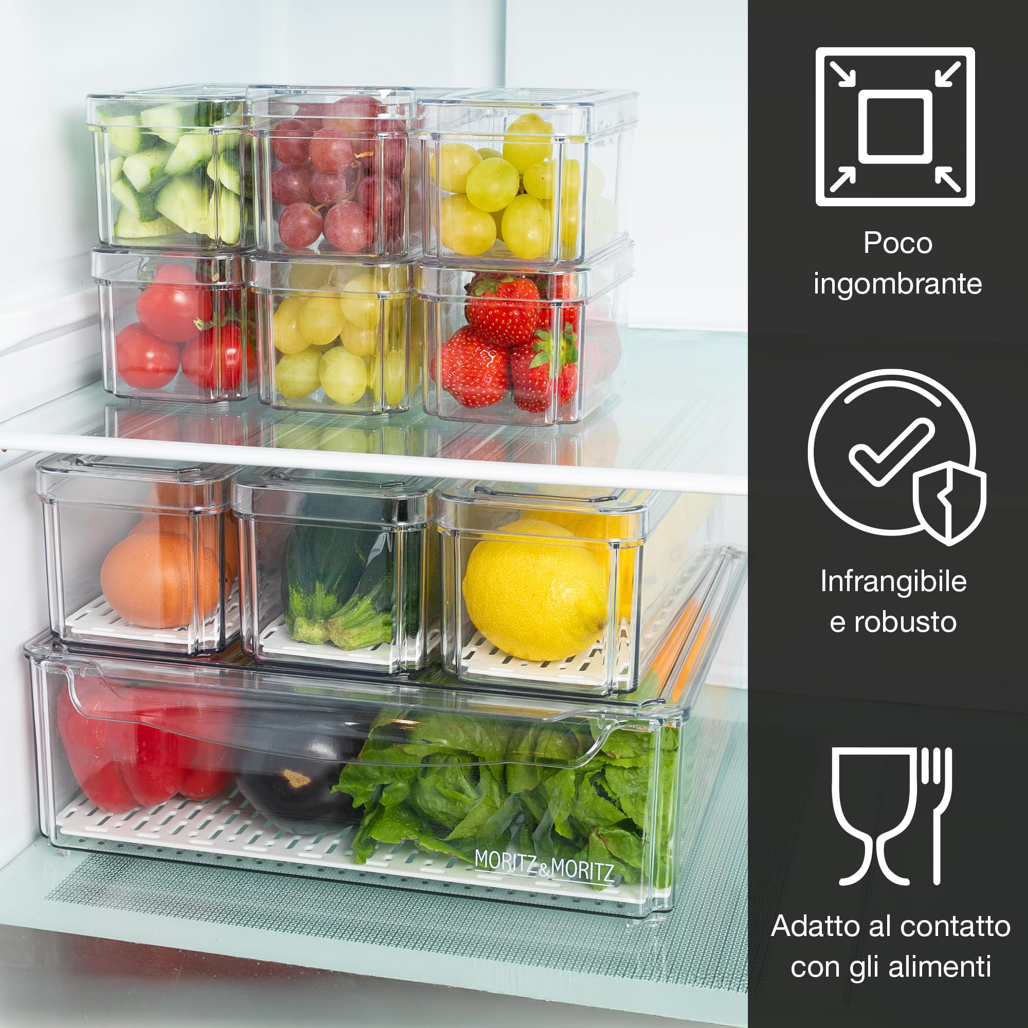 Moritz & Moritz Confezione da 10 organizer per frigorifero con coperchio, impilabili, contenitori per frigorifero, trasparenti, robusti, per cucina, cassetto