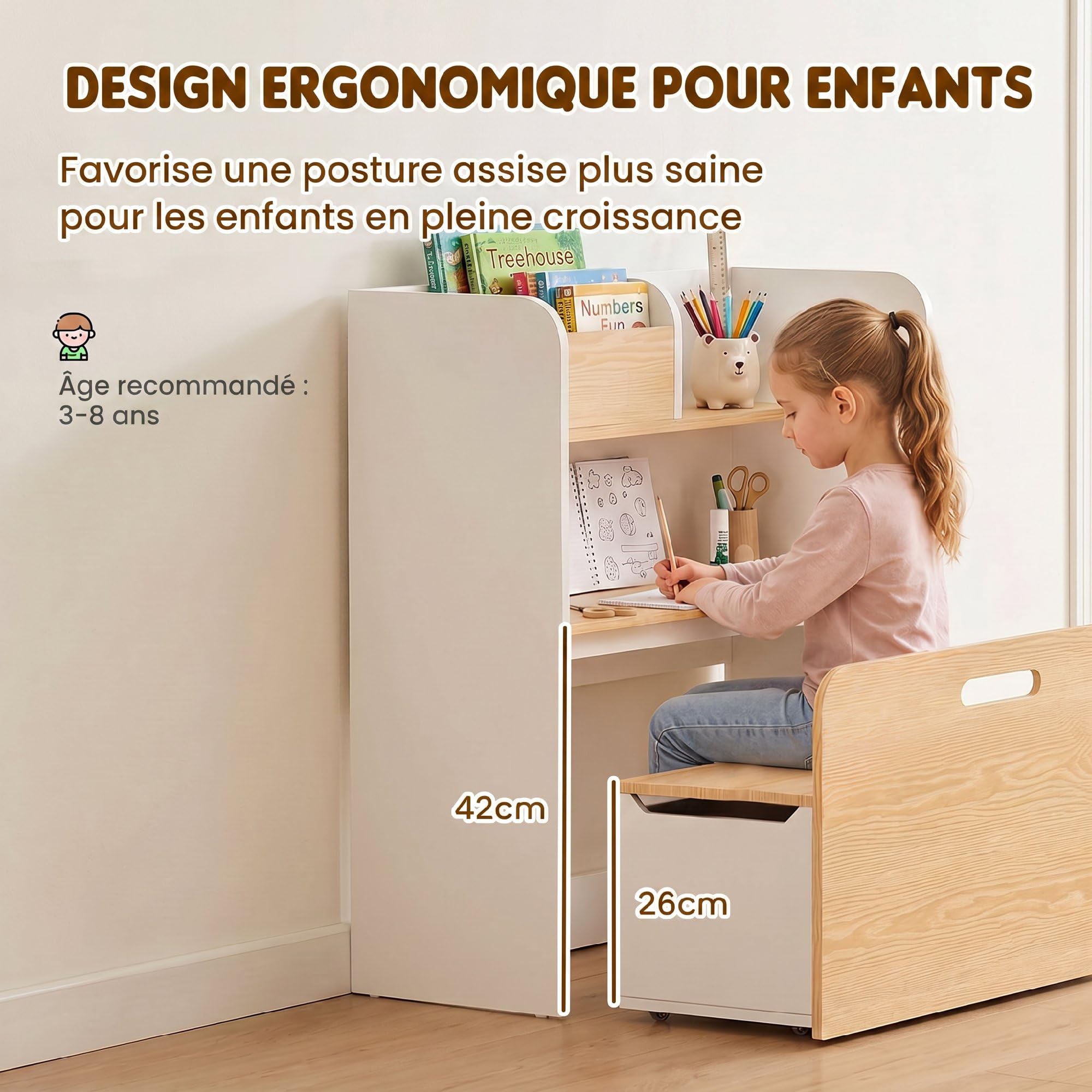 AIYAPLAY Bureau et Chaise pour Enfant 5 en 1 pour 3 à 8 Ans Blanc