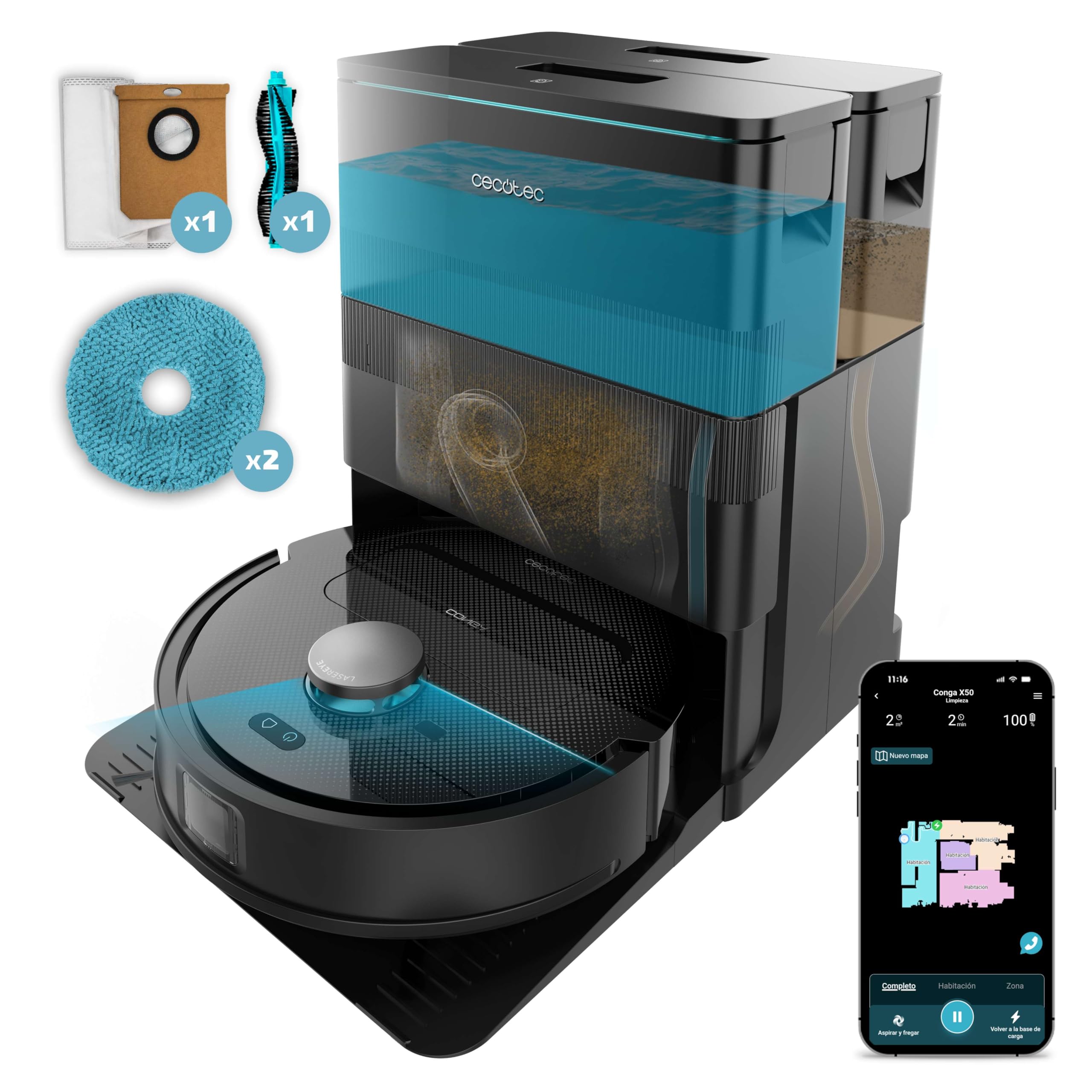 Cecotec Robot Aspirador y Friegasuelos con Base de Autovaciado y App Conga X50 X-Treme. Navegación Láser, Mapeo Interactivo, 15000Pa, Autonomía 240mins, Mopas Elevables, Base con 3 Depósitos