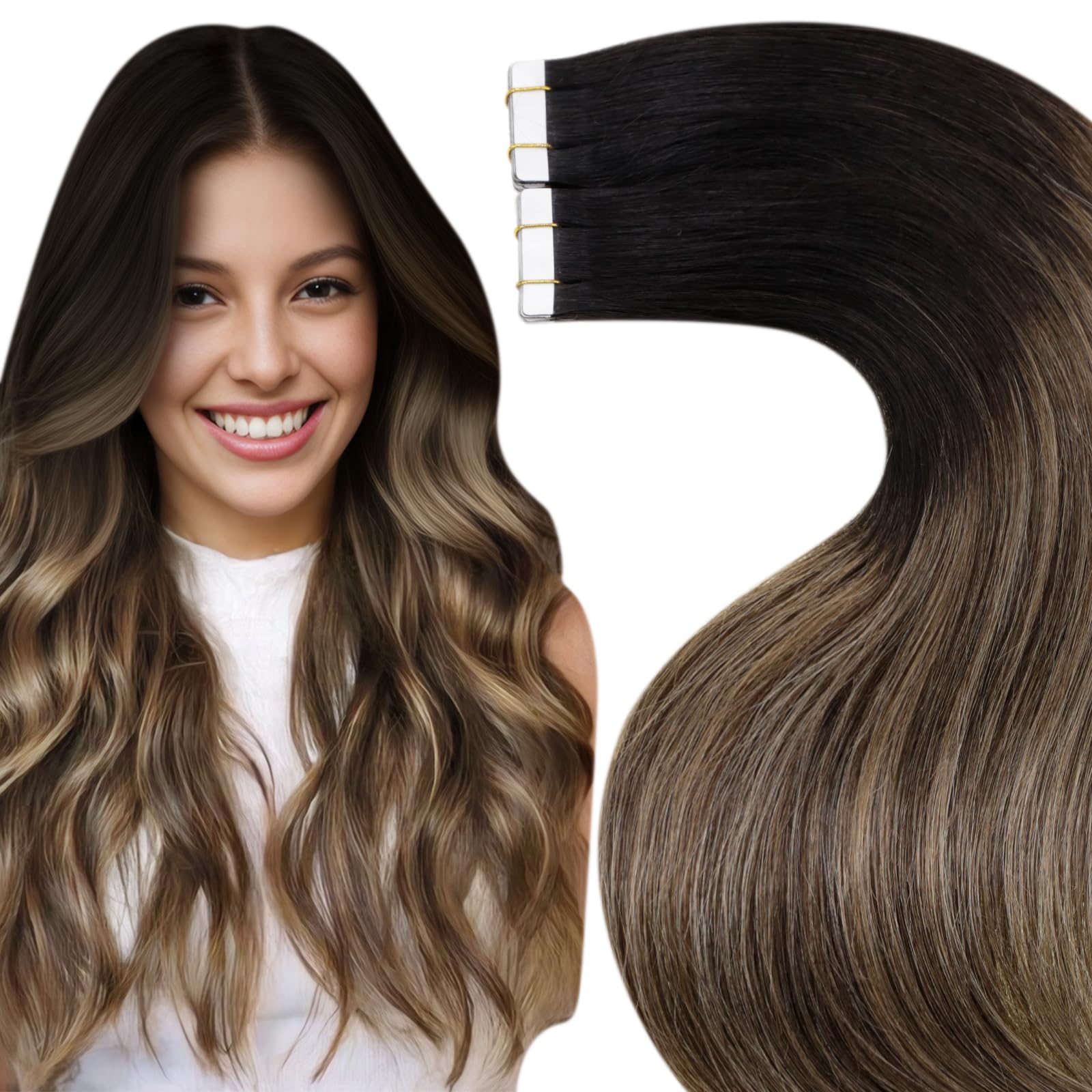 LaaVoo Tape in Hair Extensions Human Hair Black Tape Hair Extensions Real Human Hair Invisible Tapes Remy Straight Balayage Black to Brown & Blonde Hair Double Sided Tabs 20pcs 50g 14 Inch #1b/4/27