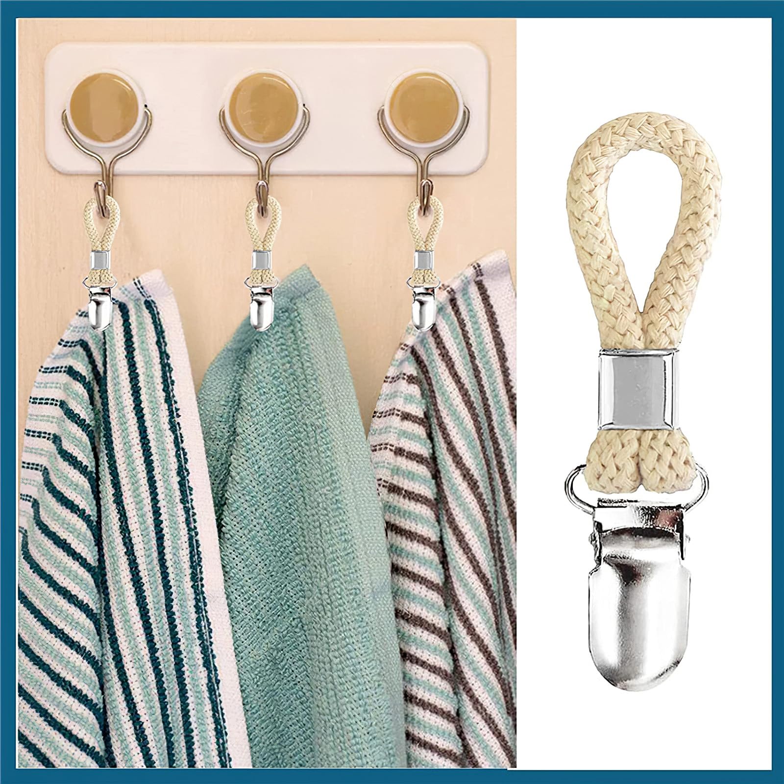 10Pack Metal Clamp Cotton Rope Tea Towel Hanging Clips for Kitchen Bathroom & Beach, White - Image 3