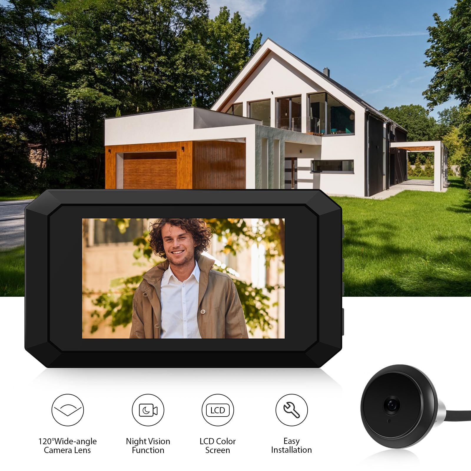 Spioncino digitale per porta, monitor LCD da 3,97 pollici con kit fotocamera 1080P da 2 MP, ampio angolo di visione di 120°, visione notturna a colori, batteria integrata da 1400 mAh