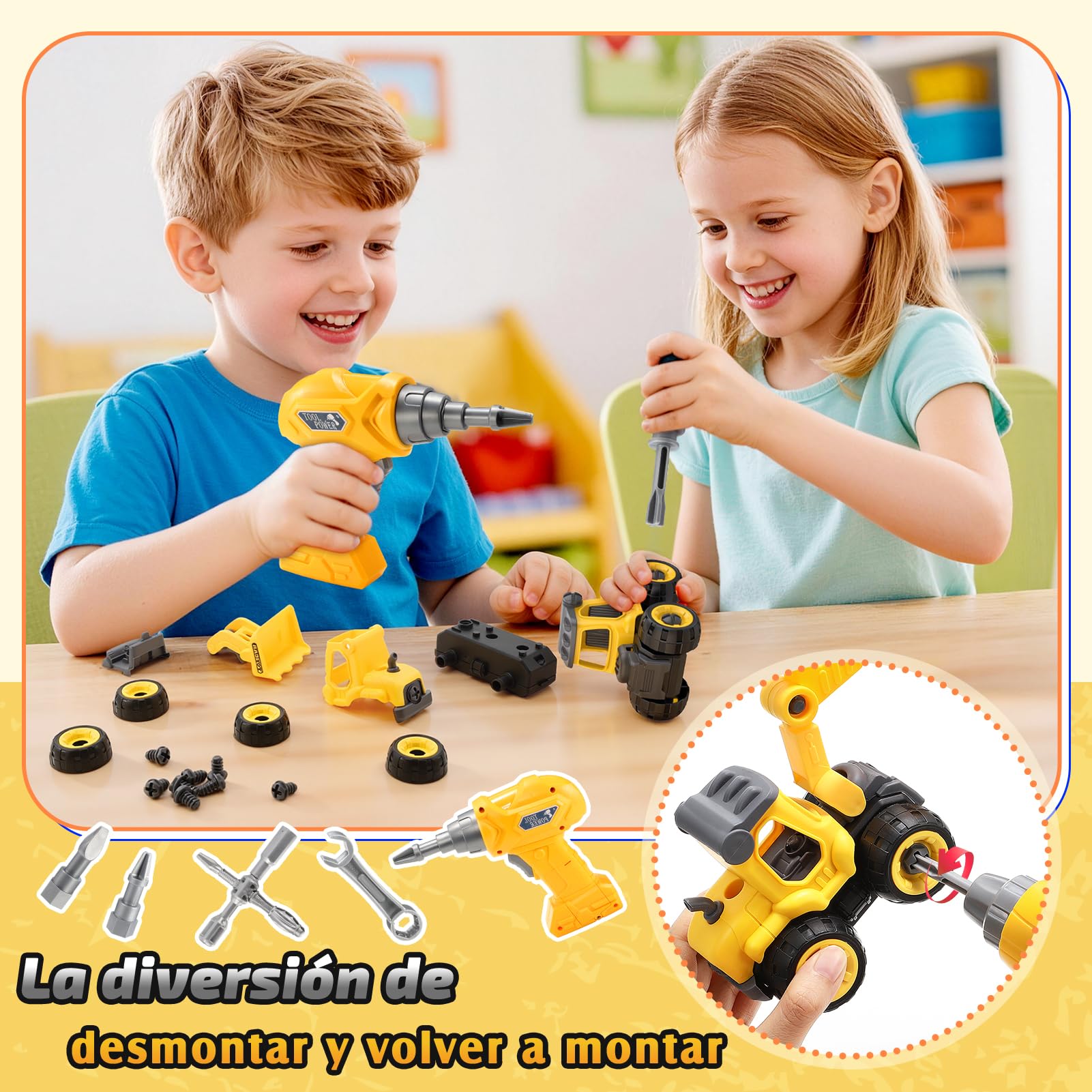 Juguetes para Niños 3-8 Años: Juego de Herramientas con Camión Desmontable y Vehículo de Construcción con Disfraz de Constructor Incluido, Juguete Educativo Stem, Cumpleaños