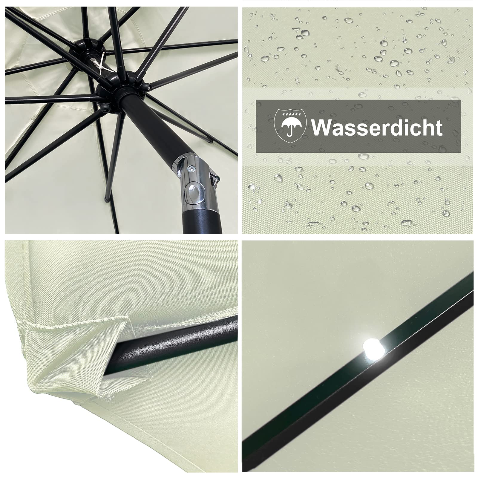 LZQ Sonnenschirm Balkon Ø 300cm Gartenschirm mit Solar LED Beleuchtung Alu Marktschirm mit Handkurbel Strandschirm Rund Terrassenschirm Wasserabweisende UPF 40+(Beige, Winkelverstellbar)