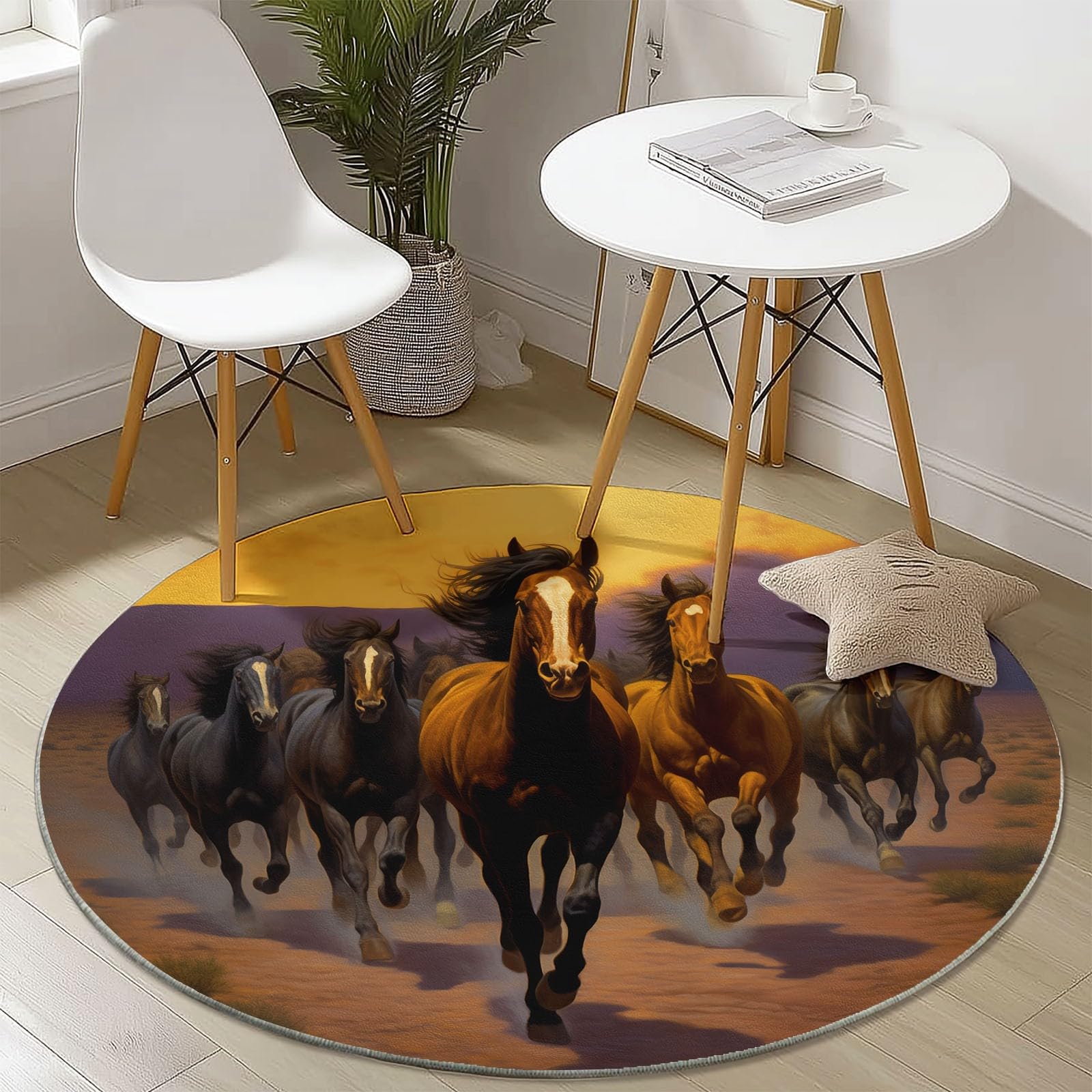 Tappeto Rotondo da 150 cm a Pelo Corto, con Stampa di Animali (Cavallo), Antiscivolo e Anti-Perdita di Pelo, Ideale per Soggiorno, Camera da Letto, cameretta dei Bambini, Ufficio e