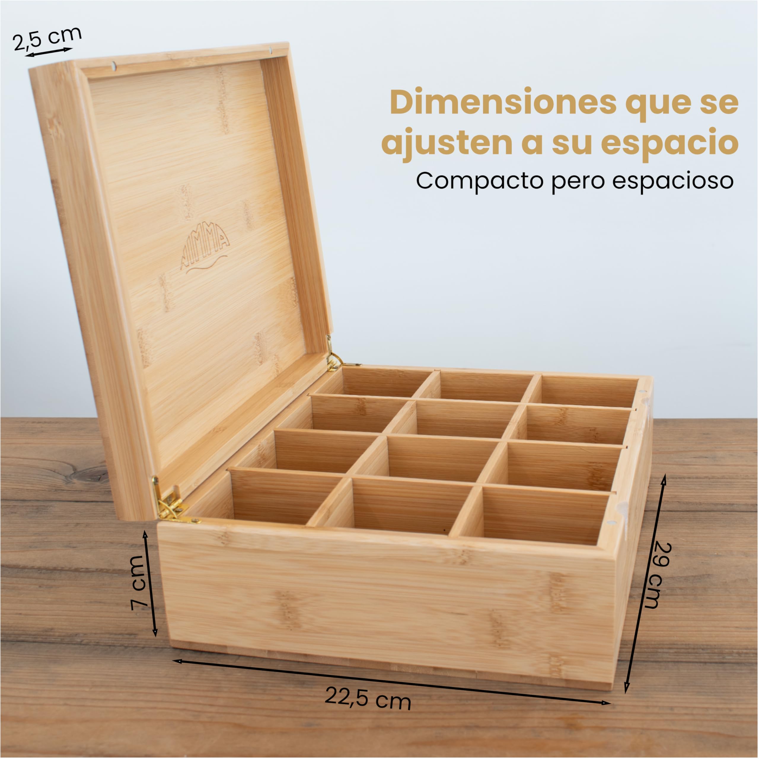 NIMMA Cajas para té – Caja de té de madera con cierre magnético – Adecuada para Pickwick, Lipton y más – Compartimentos extra grandes para bolsitas de té y té suelto (1, Marrón, 12 compartimentos)