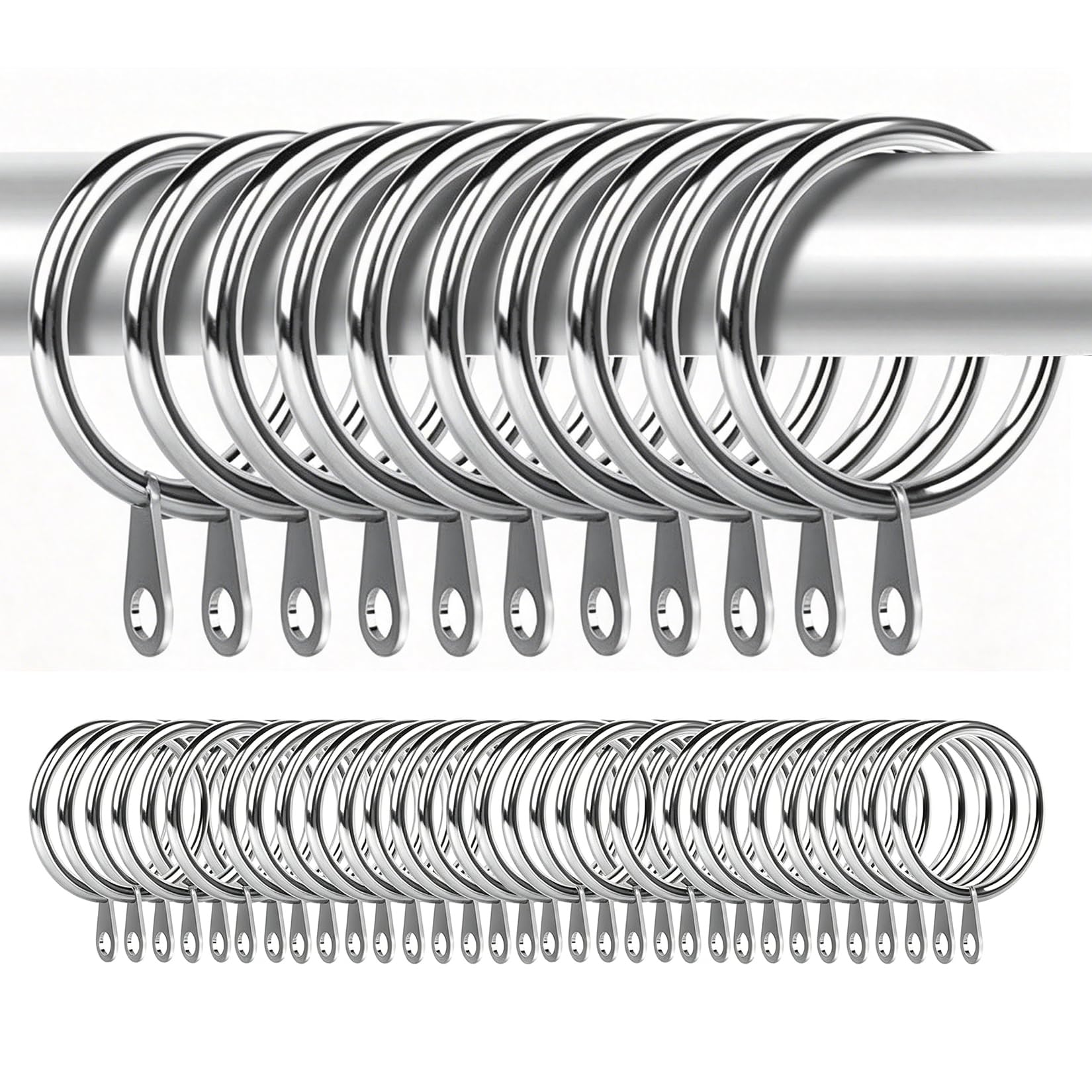 runxsam 60 pcs 38 mm ID silver curtain rings for poles/drapery/shower