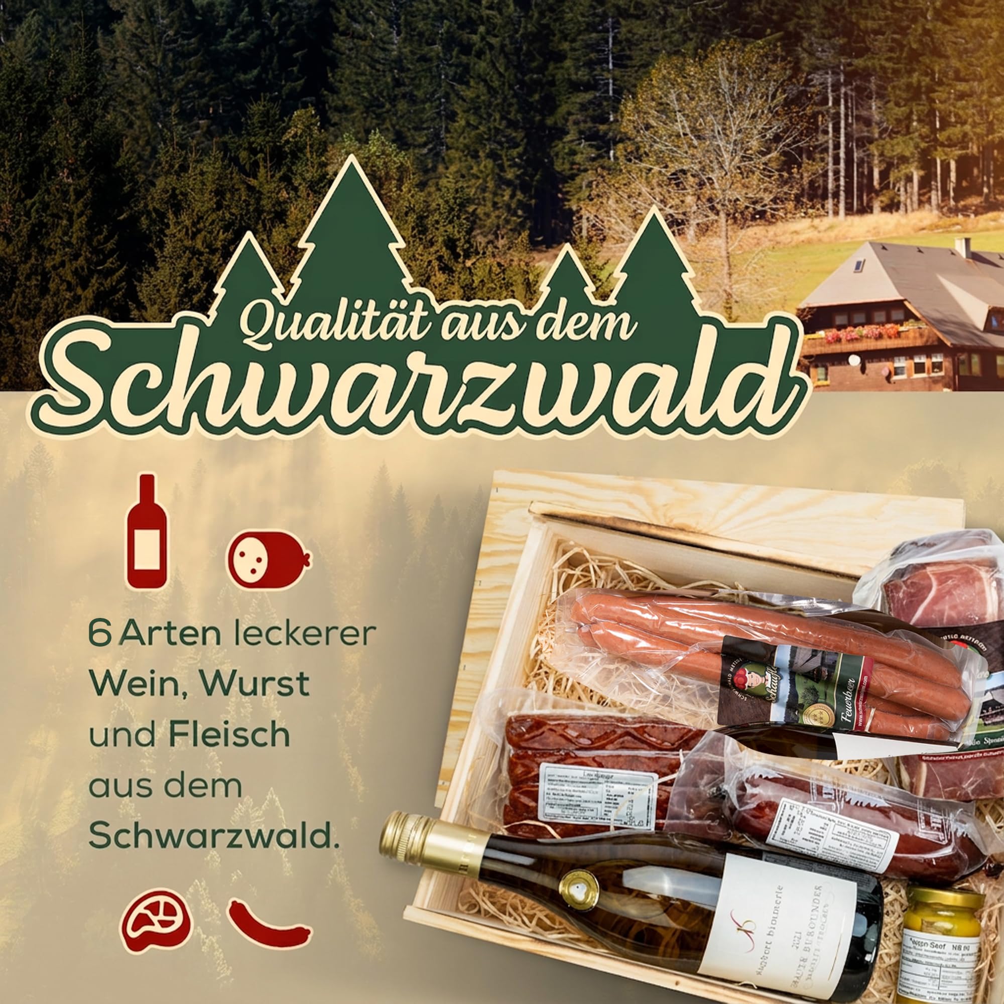 Schwarzwald Metzgerei: Geschenkkorb "Holzkiste" mit Wurst- und Schinken-Delikatessen – Präsentkorb mit Schwarzwälder Schinken, Feigensenf und Weißwein als Geschenk für jeden Anlass