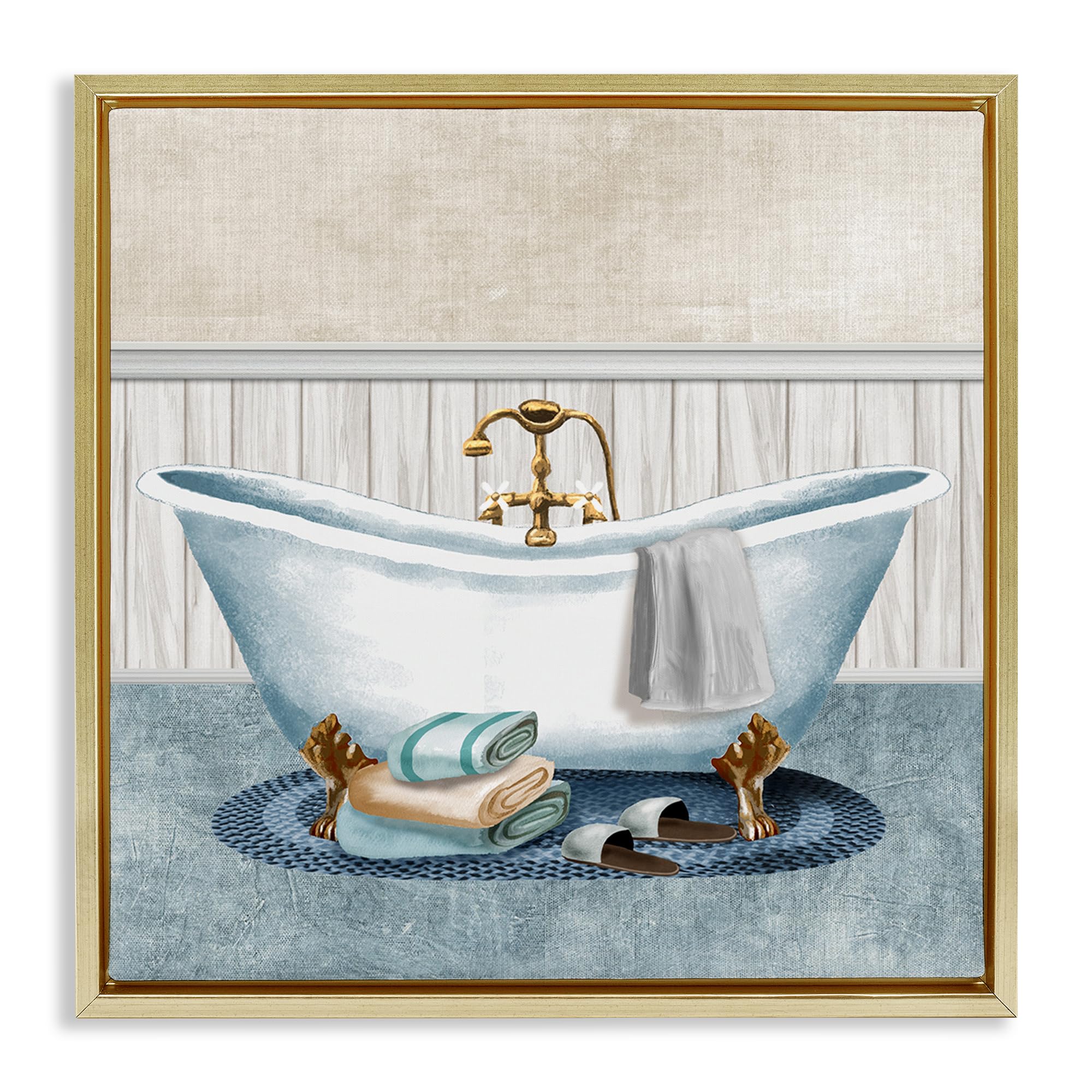 Stupell Industries 'Cozy Spa Bathtub & Slippers', Floating Frame Canvas Art, Gold, 25 x 25 Inches, Easy to Hang and Sturdy, Made in USA, by Conrad Knutsen