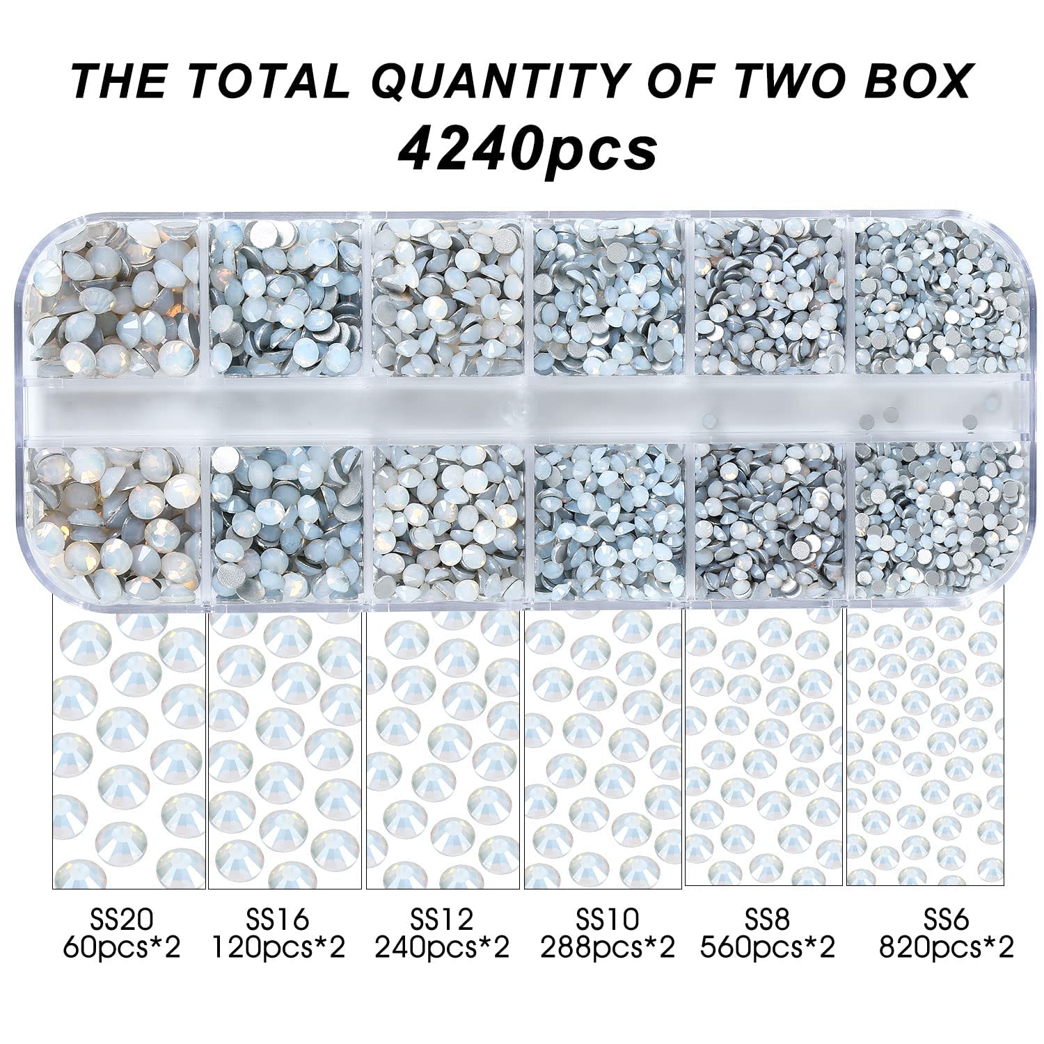 4240Pcs White Opal Flatback Rhinestones 6 Sizes Crystal Diamonds for Nail Art Crafts Clothes Shoes with Tweezers and Picking Pen - Image 3