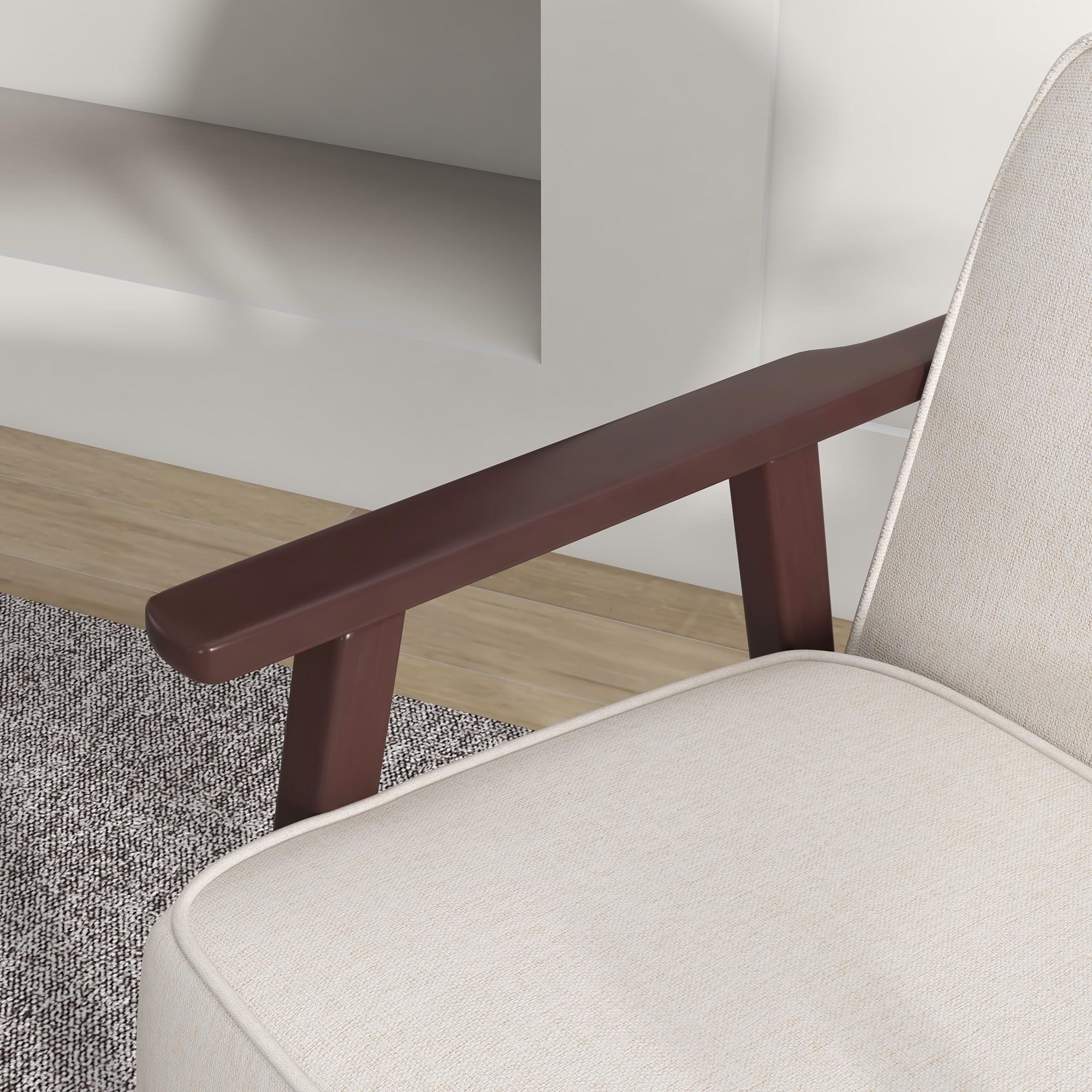 HOMCOM Poltrona a Dondolo per Interni in Tessuto Effetto Lino e Legno con Braccioli e Cuscini, 66x78x76 cm, Beige e Marrone