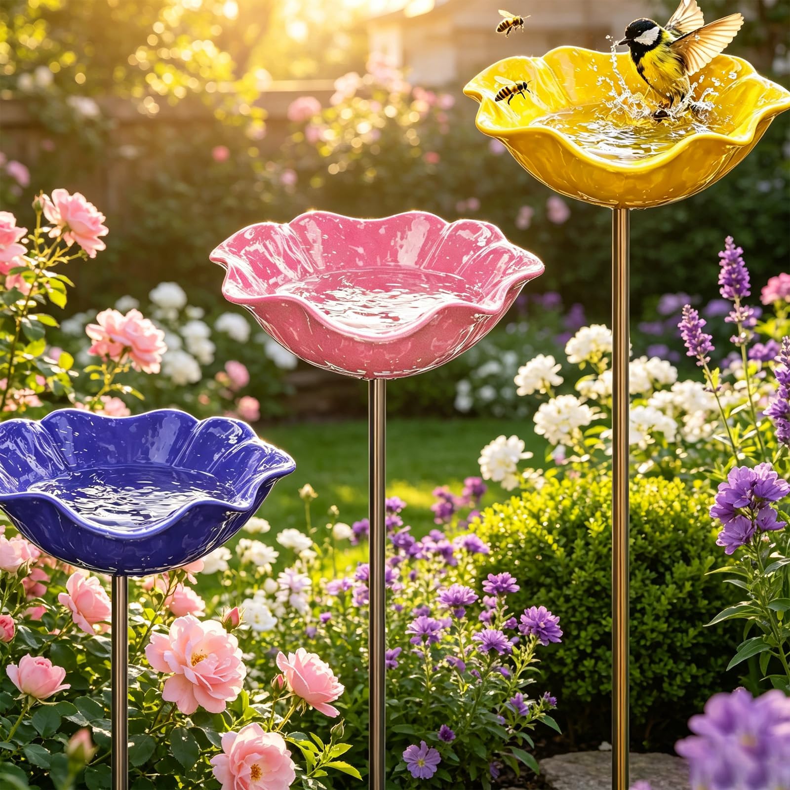 Bain D’Oiseaux,5 Pièces Abreuvoir Oiseaux Exterieur sur Pied,Mangeoires pour Oiseaux,Bain pour Oiseaux,Bassin pour Oiseaux,pour Insectes et Papillons,Décoration Jardin Terrasse