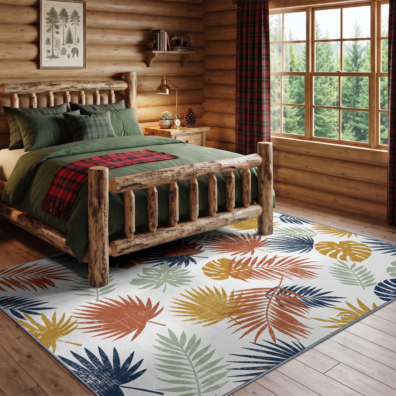 Tapis Salon Tropical, Moquette Lavable en Machine, 160 x 230 cm | Feuille De Plante Feuille De Palmier Grande Feuille Tapis avec Dessous Antidérapant, Tapise Décoratif pour Chambre, Cuisine, Blanc
