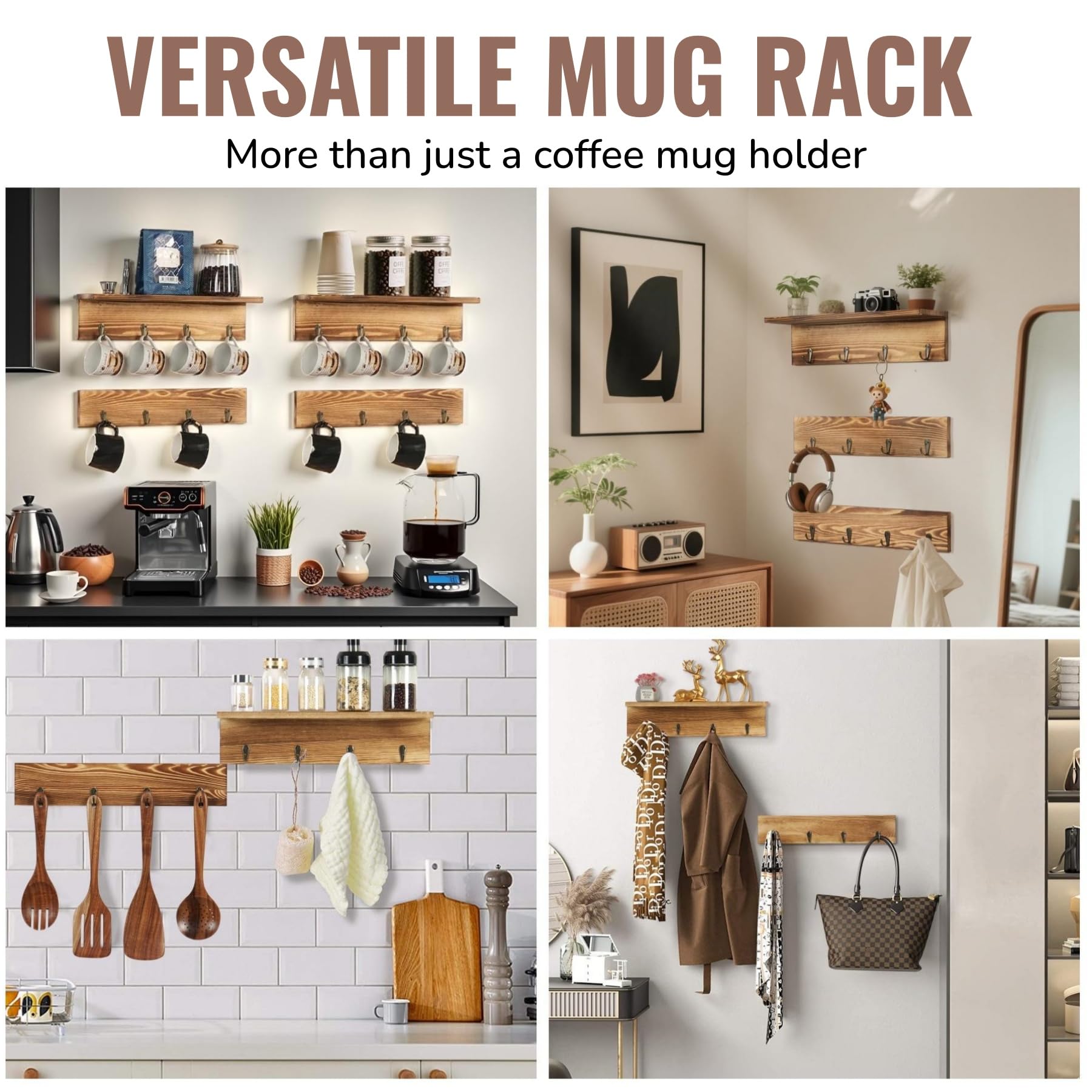 Porte-tasses Rustique Mural - Étagère Suspendue Avec 16 Crochets - En Bois Pour Tasses à Café - Lot de 4 - Pour Cuisine, Salle de Pause et Couloir