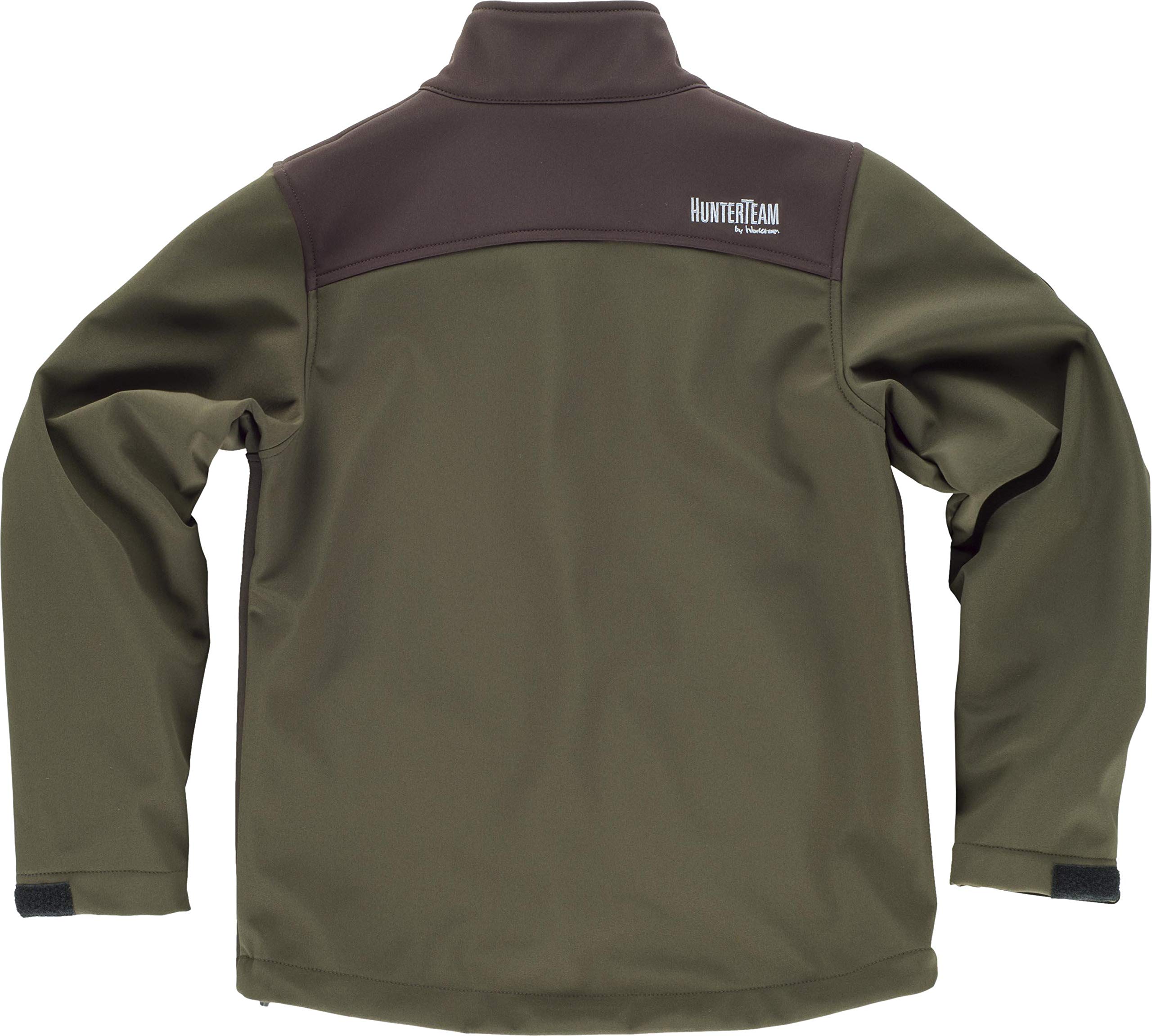 Work Team Chaqueta Infantil Workshell con canesús y costadillos a Contraste. Cuello Alto y cubrecosturas Interior. Cierre de Cremallera de Nylon. Sola Hombre Verde Caza/Marron 10