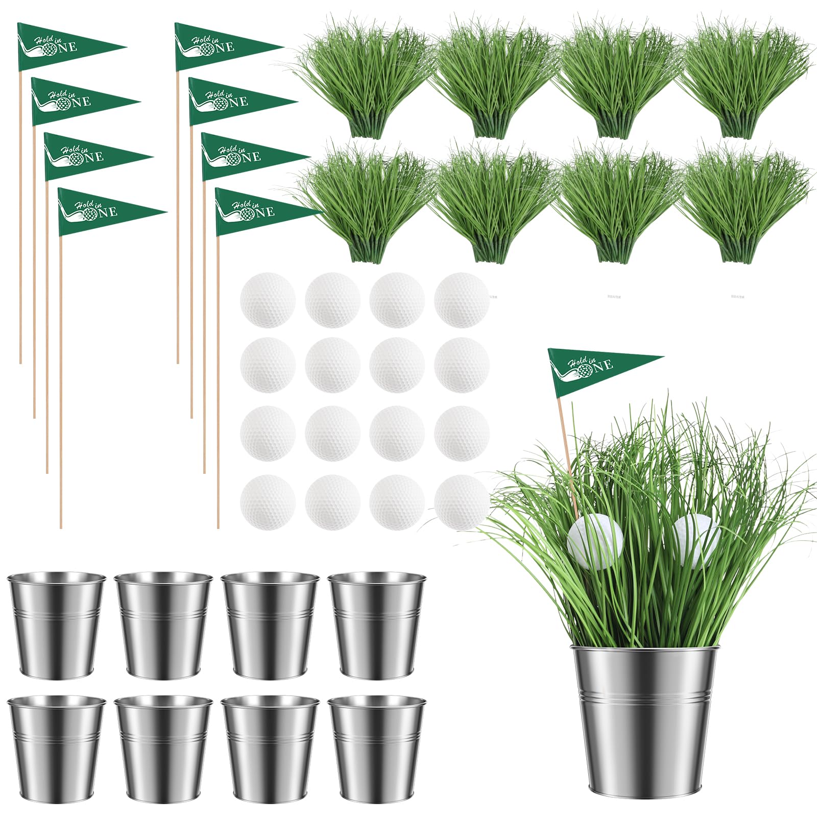 Photo 1 of  Set Golf Party Table Decorations Golf Centerpieces for Table Includes 8 Mini Golf Ball 4 Iron Bucket  Artificial Grass  Flags for Sport Birthday Party Décor (8 Set)