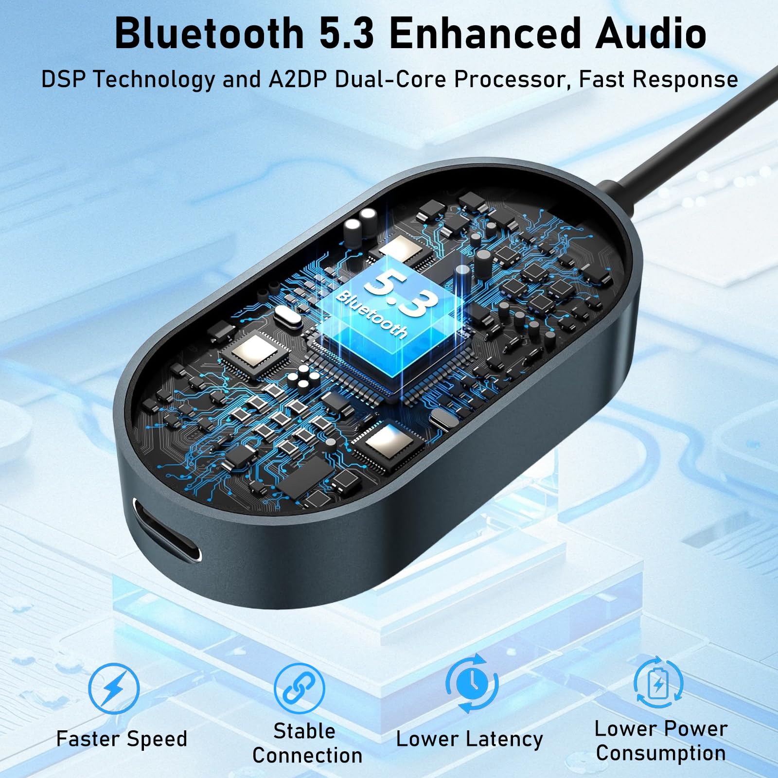 Ticenpe Receptor transmisor Bluetooth 5.3, conector dual para aviones, micrófono para llamadas, adaptador auxiliar 2 en 1 Bluetooth para auriculares, altavoz y coche — view 5