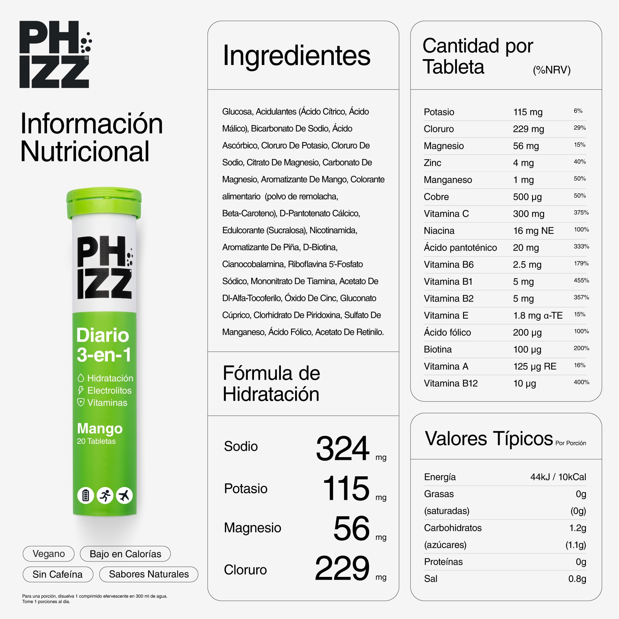 Phizz Electrolitos, Multivitaminas e Hidratación Efervescente Comprimidos - 18 Vitaminas y Minerales, Vitamina C, Añade a tu Botella de Agua y Bajo en Calorías (60 Pastilla, Mango)