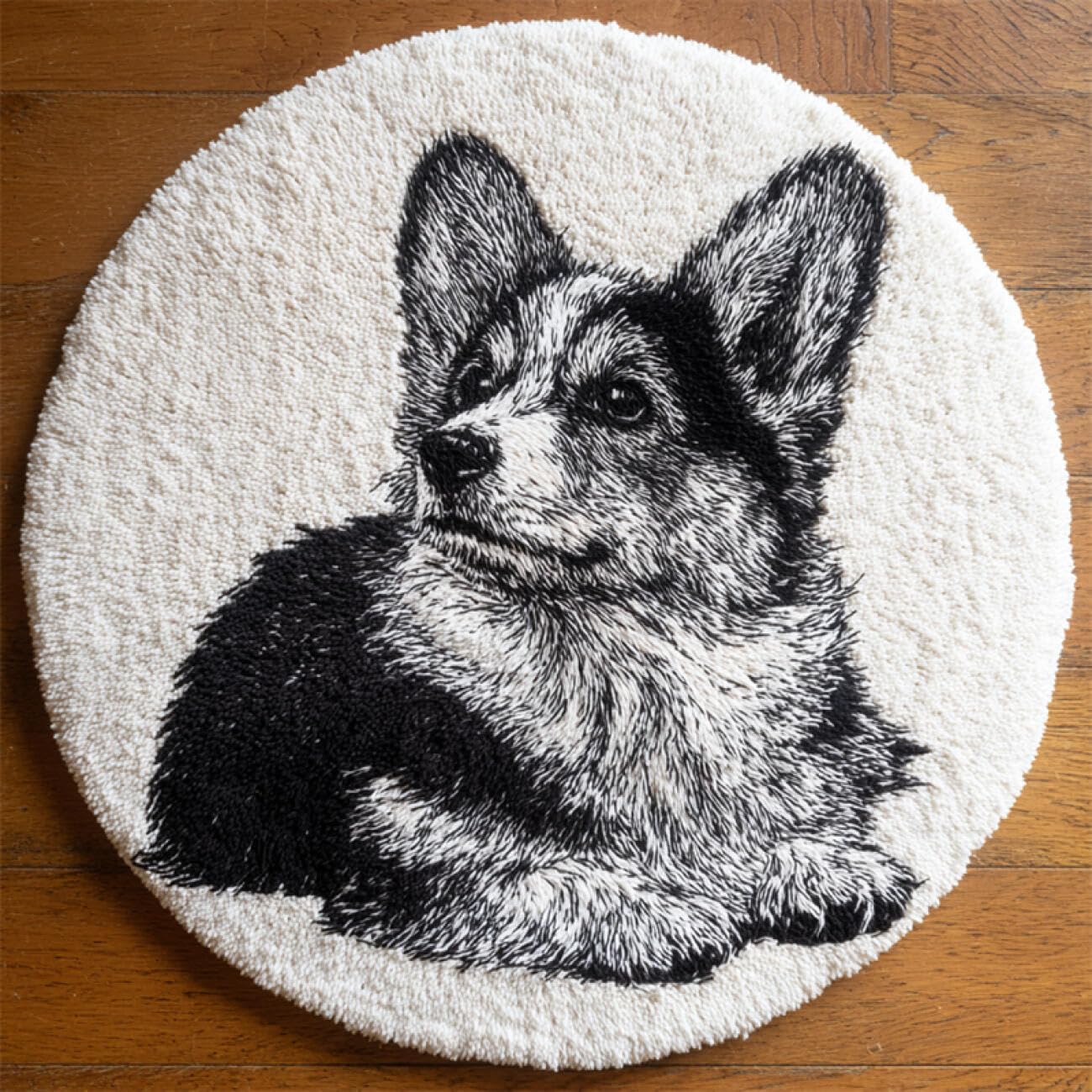Kitquiver Dog Animal Latch Hook Rug Kits Corgi Portrait Knitting Kits for Adults Latch Hook Canvas DIY Rugs Crochet Yarn Set Embroidery Kit 100x100cm