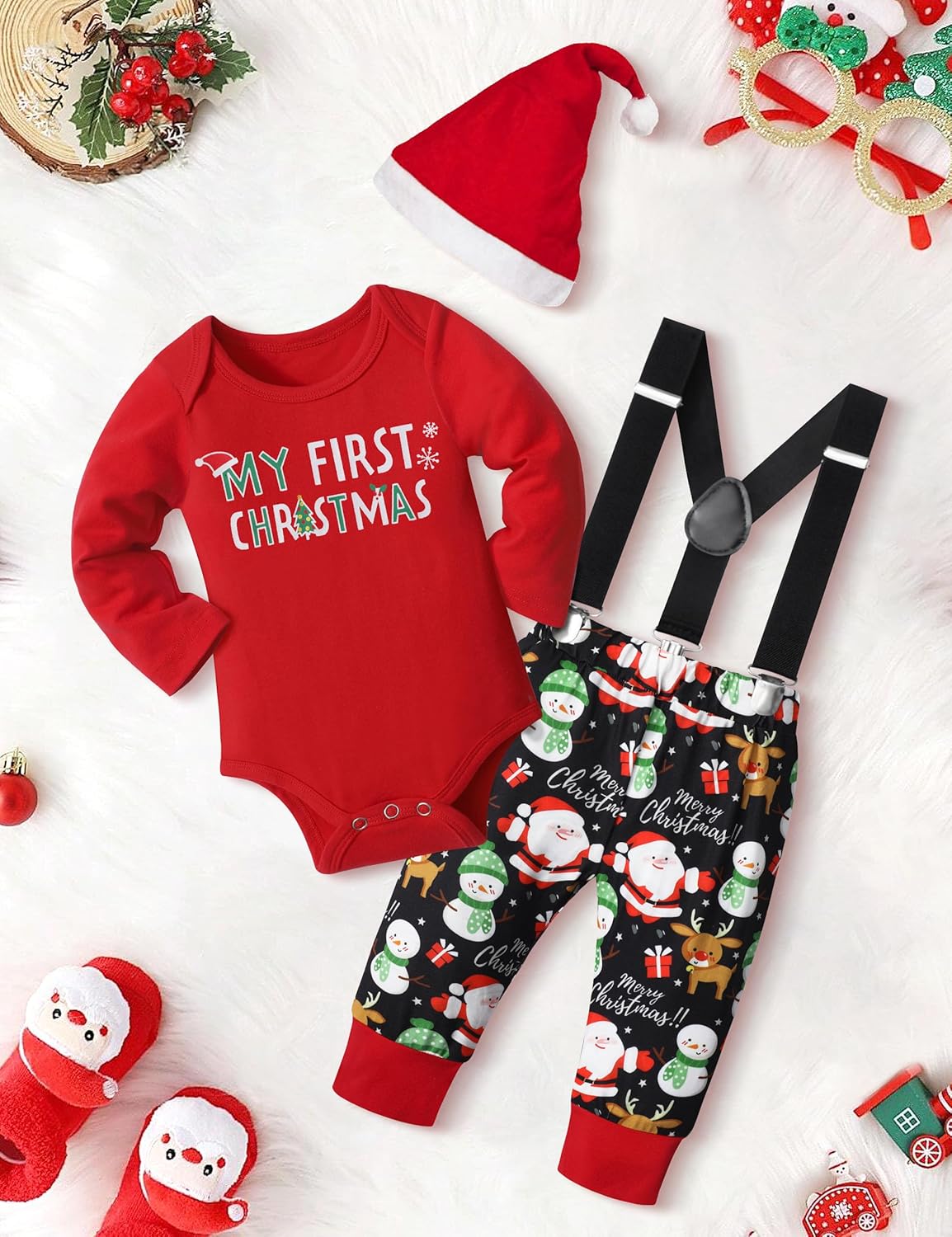WIQI My First Christmas Baby Boy Outfit Long Sleeve Baby Romper Santa Pattern Suspender Pants Xmas Hat 3PCS Clothing Sets - Image 4