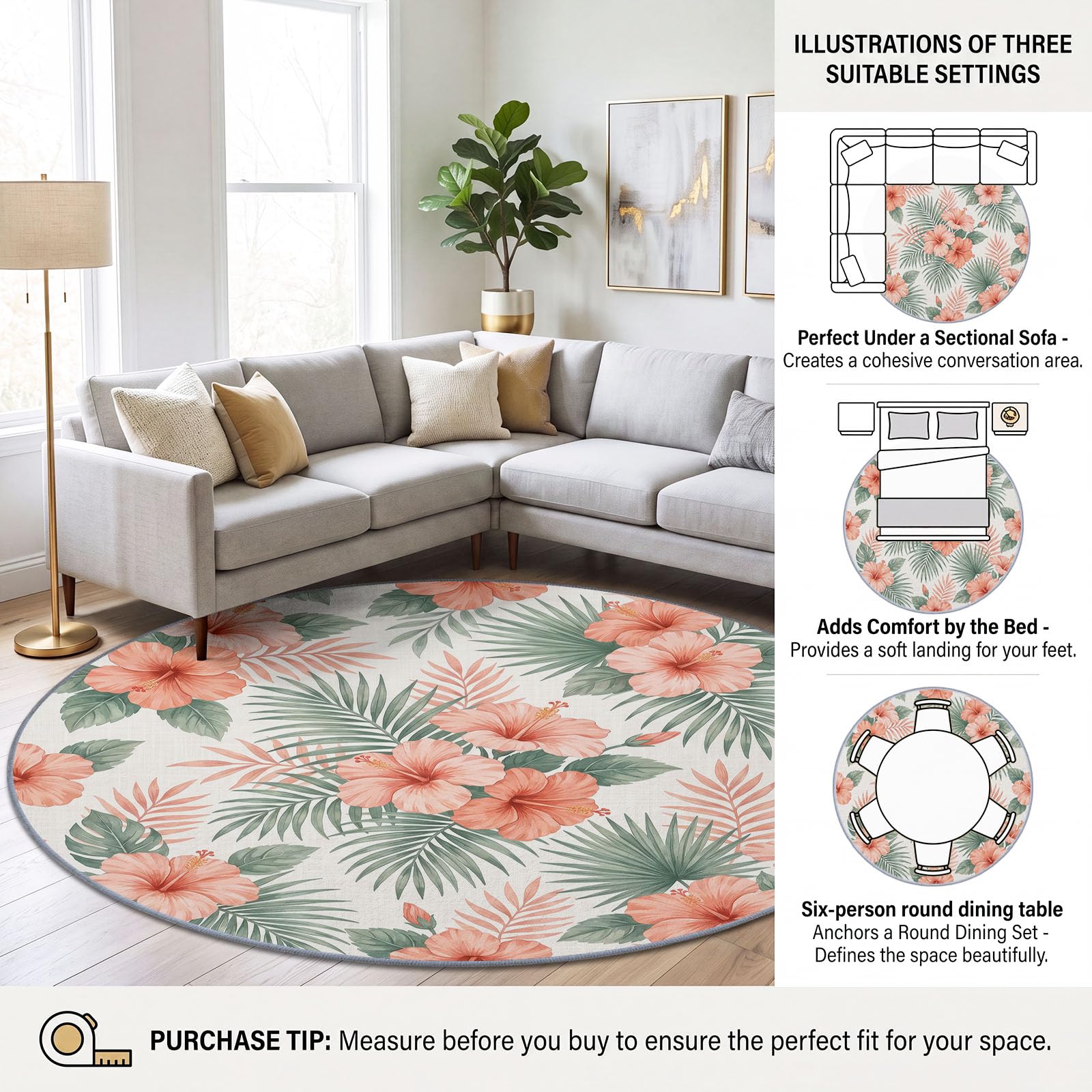Alfombra redonda de pelo bajo con diseño de selva tropical, 160 cm, para