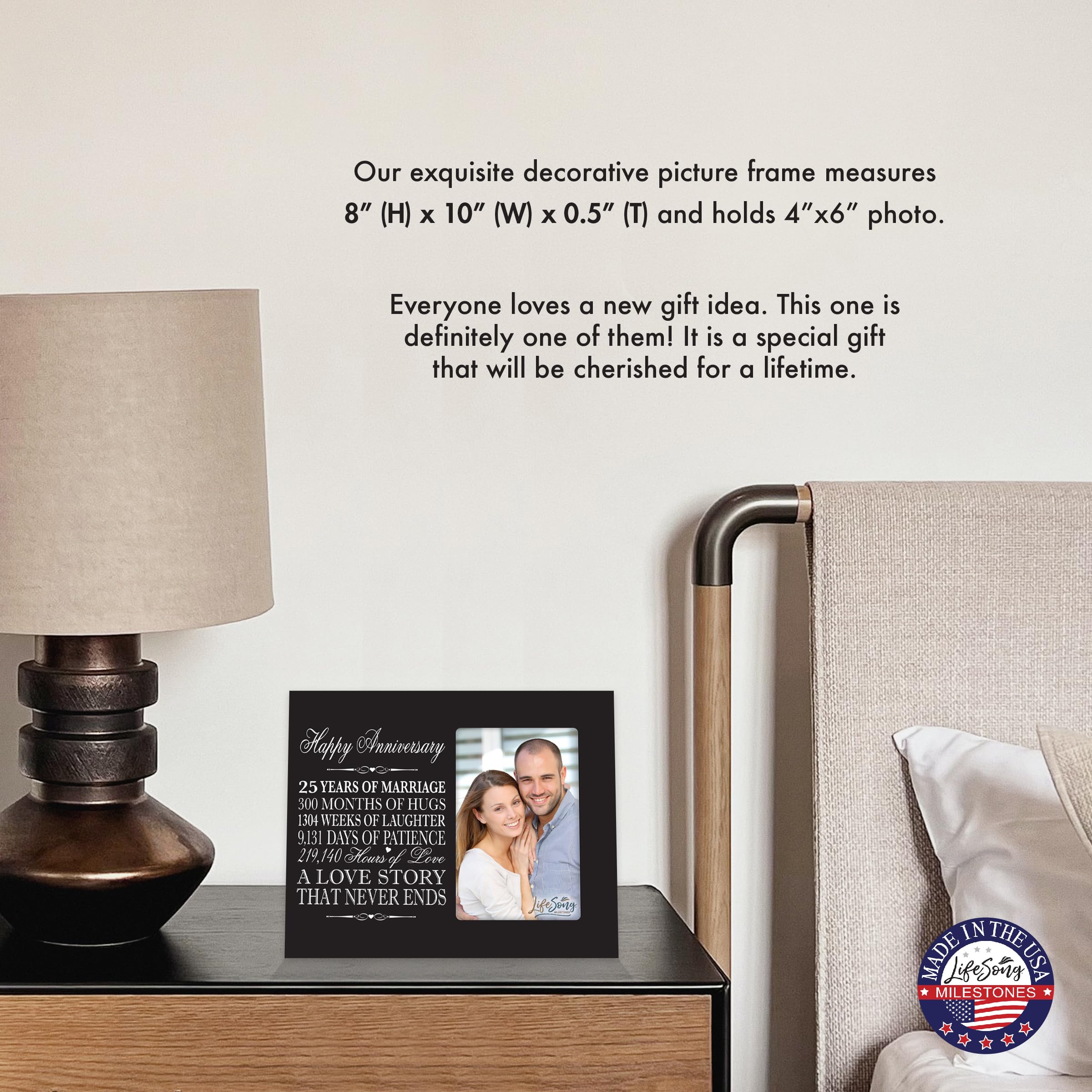 LifeSong Milestones 25th Wedding Anniversary Picture Frame: Marriage, Cherish Memories with this Elegant Frame, Holds 4x6 Photo Celebration Keepsake for Parents, Grandparents Mom Dad (Black)