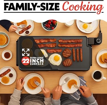 Gourmia 22 Inch XL Electric Griddle Pan - Nonstick Extra Large Flat Top Ceramic Surface, Countertop Cooker, Adjustable 200F400F, Pull-Out Drip Tray, Compact Handle-Free Design