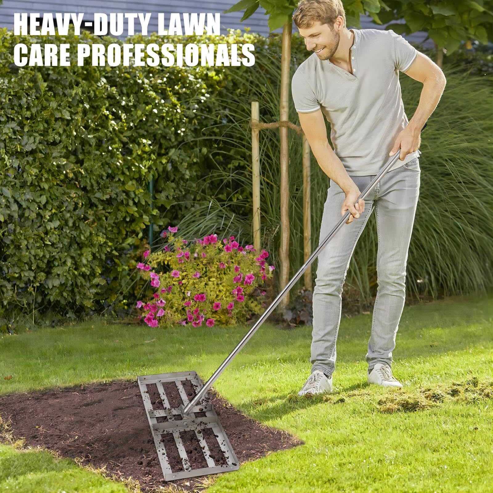 Rastrello livellatore per prato da 6 piedi, rastrello da giardino da 30"x10", rastrelli da giardino in acciaio inossidabile con manico lungo girevole flessibile a 180°, facile da montare, rastrello