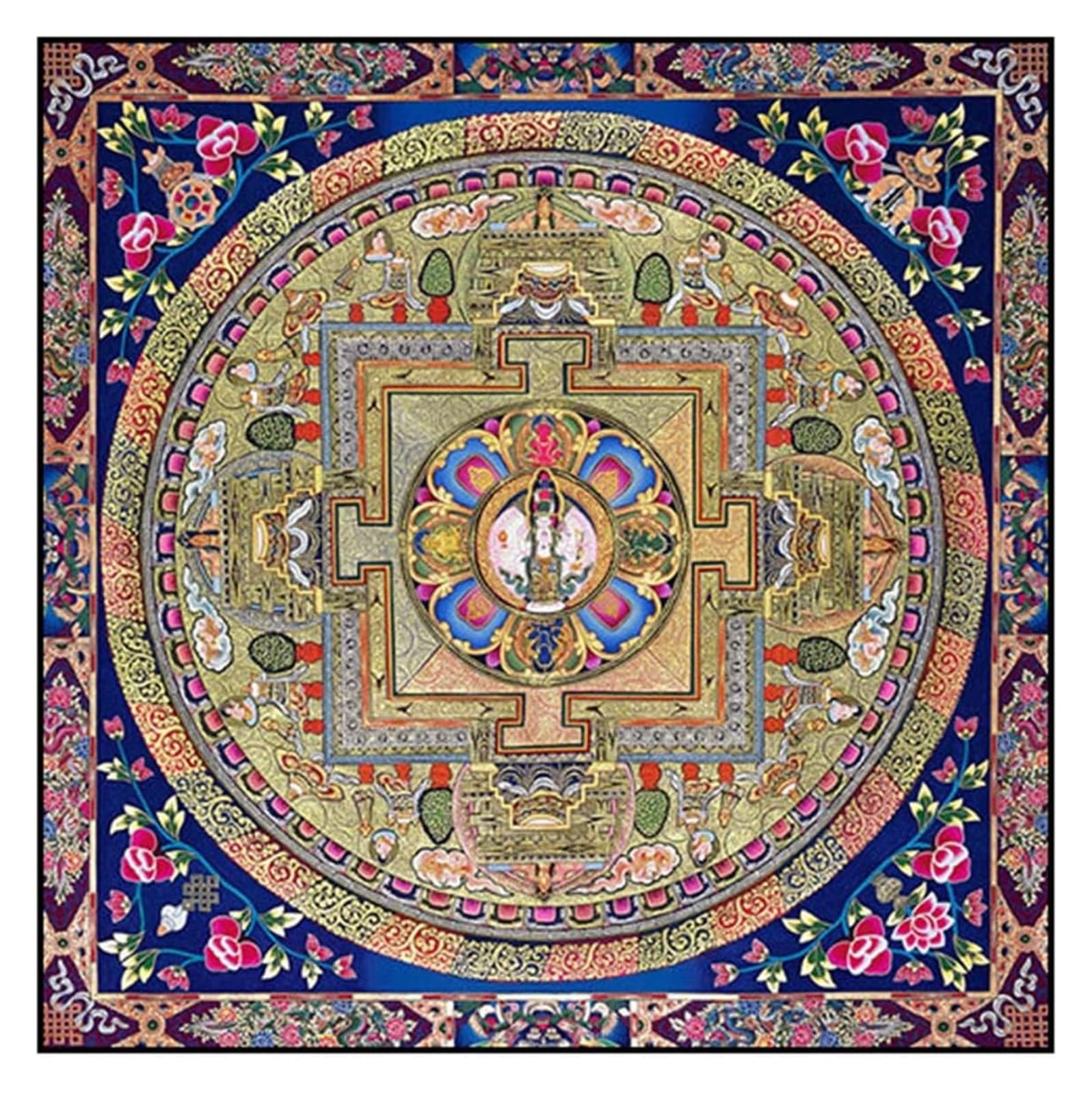 Pittura tibetana Thangka Fatta a Mano, Pittura murale Thangka Ricamata in Seta del Tibet con Kit Cornice Simboli di Buon auspicio Pittura Thangka Ricamata(50x50cm)