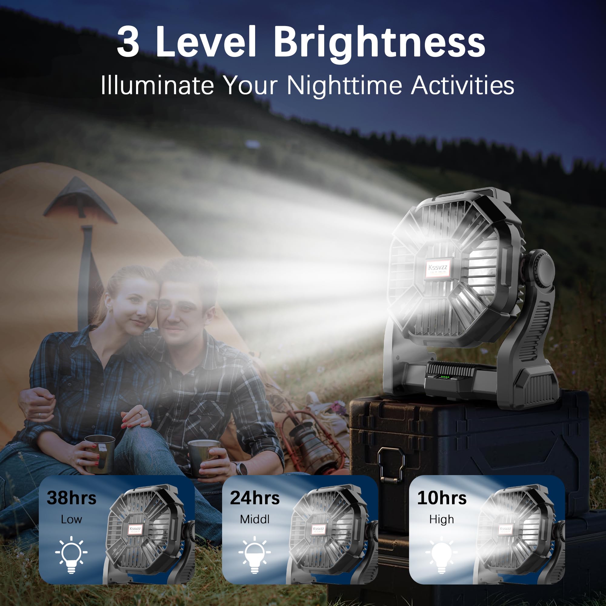 Kssvzz Ventilatore da Campeggio, Ventilatore Portatile con Luce LED, Ventilatore da Tavolo con 10400mAh Batteria Ricaricabile, 270° Regolabile e Gancio, Ventilatore USB per Esterno Campeggio(Nero)
