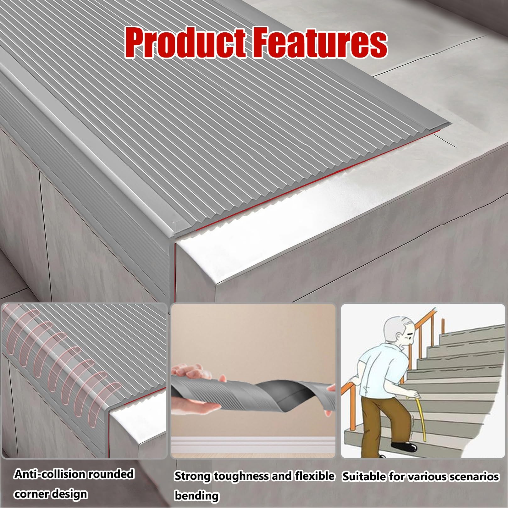 Perfil de PVC Autoadhesivo de Borde Tiras Antideslizantes para peldaños, Perfiles en Forma de L para escaleras(Gray,5m/16.40ft)