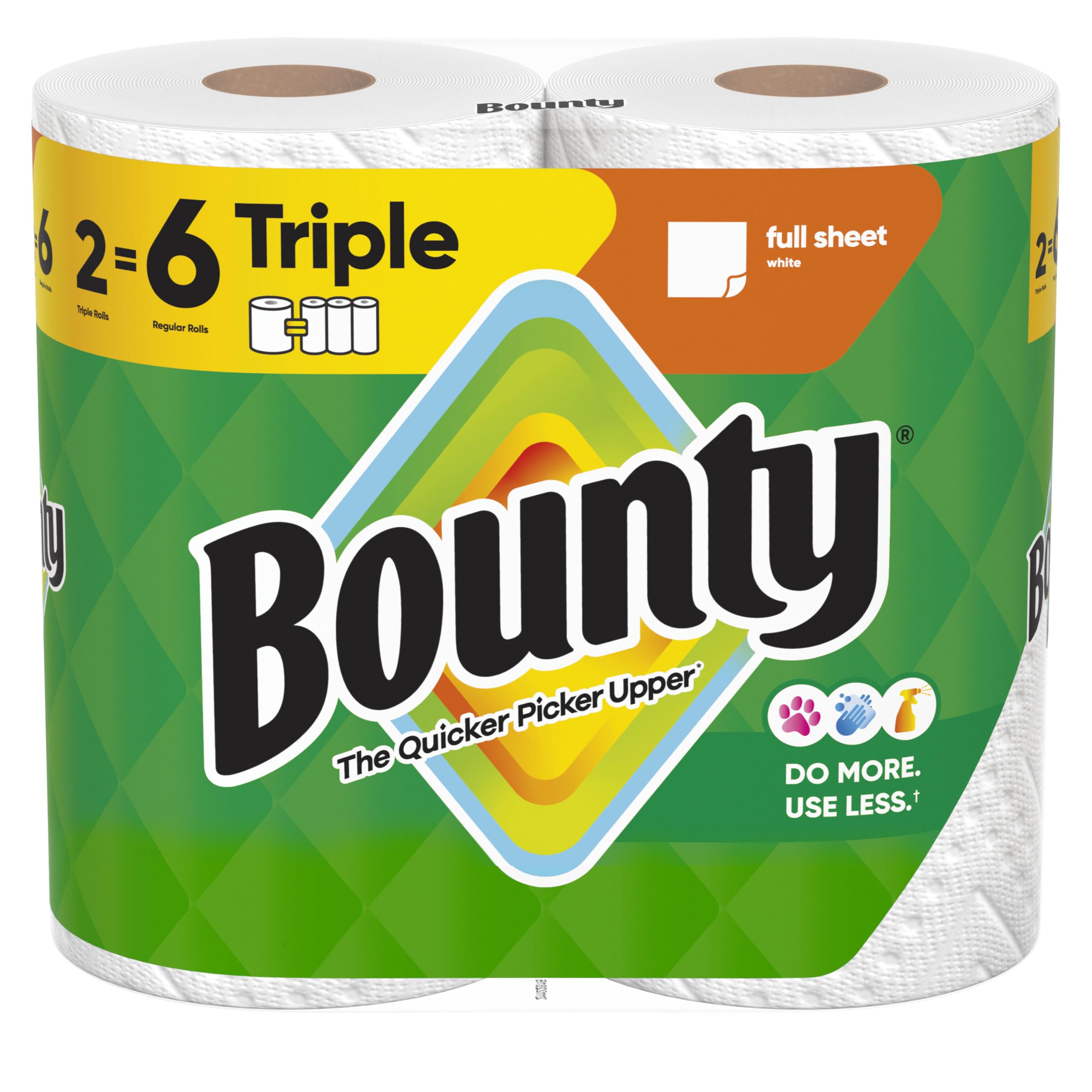 Bounty Full Sheet Paper Towels, White, 2 Triple Rolls = 6 Regular Rolls
