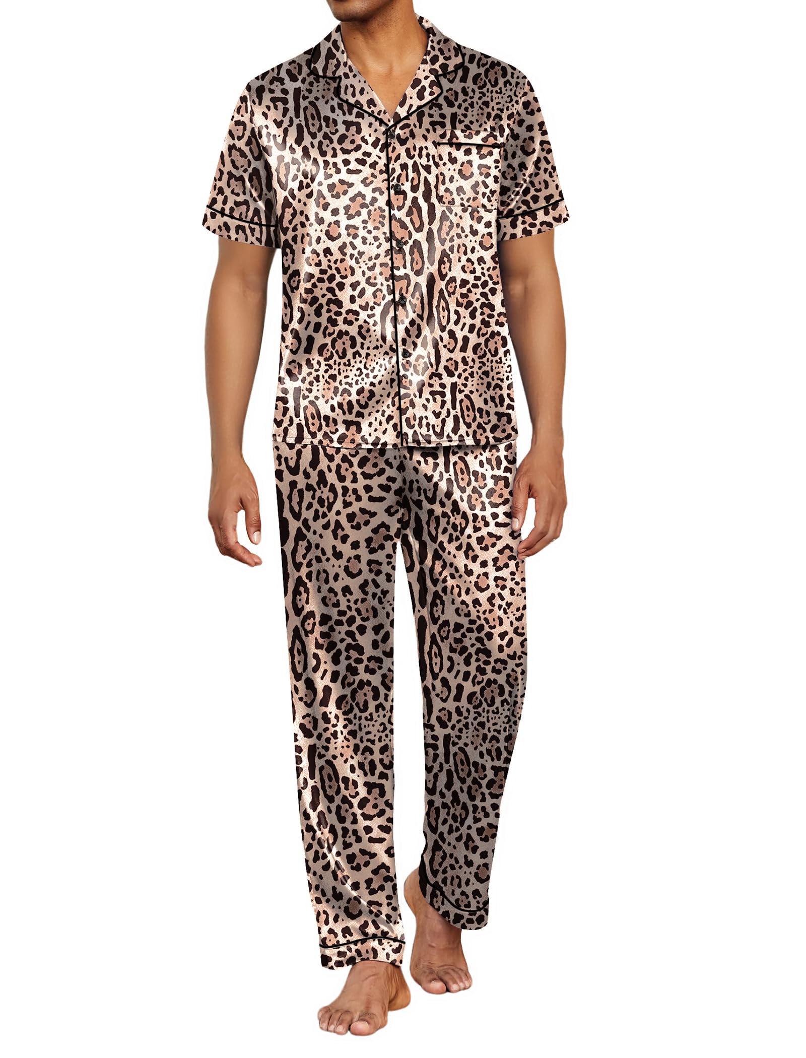 Mens Satin Pajama Set Short Sleeve Button Down Sleepwear Classic Loungewear Set with Long Pants-image-16