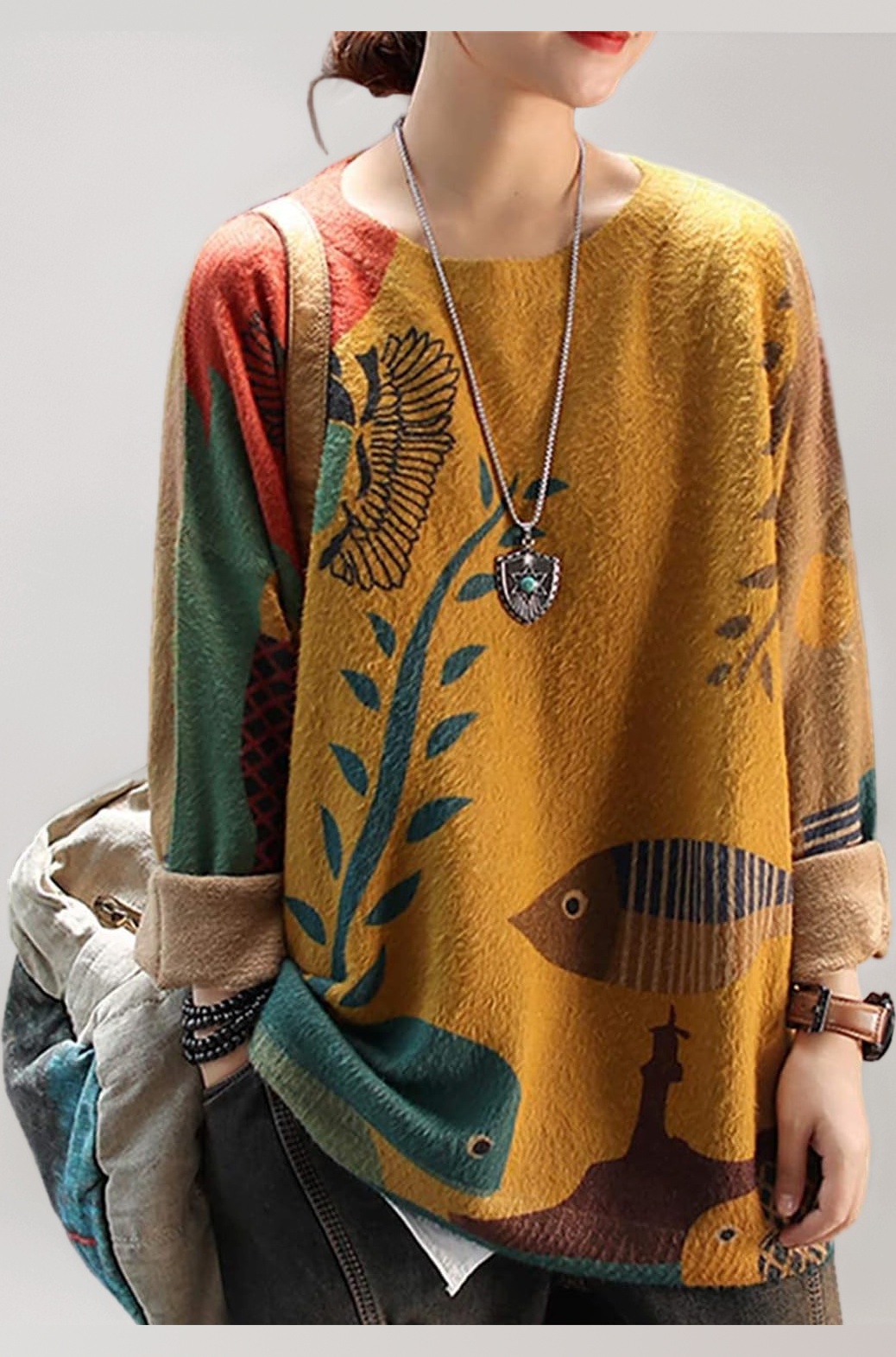 YESNO Women Sweater Graphic Oversized Pullover Sweaters Casual Loose Long Sleeve Knit Tops S01