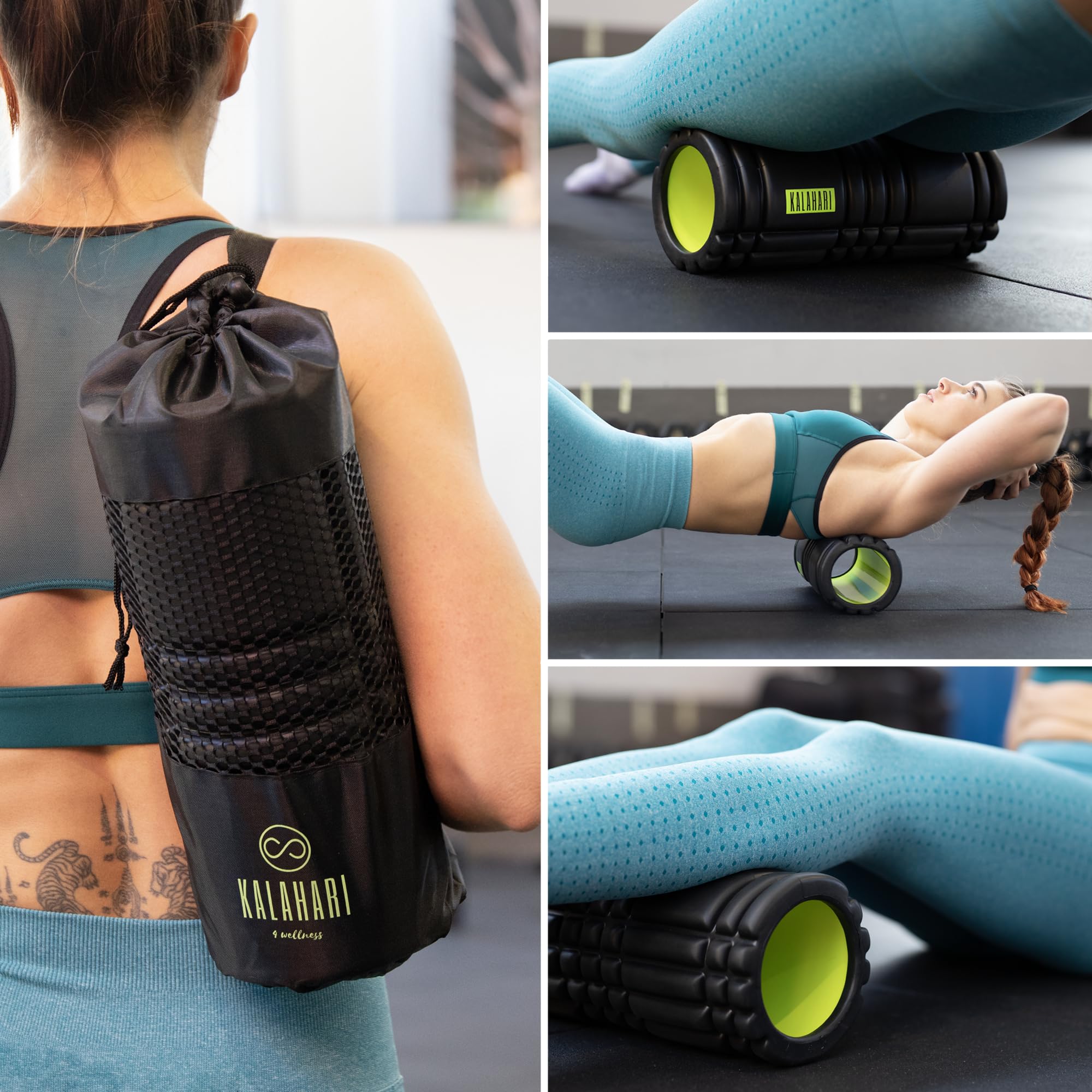 KALAHARI Zestaw Foam Roller 3 w 1 plus Ebook z ćwiczeniami - Wałek do masażu powięzi, Podwójna Piłka, Piłka z kolcami Jeż i wygodna Torba - Terapia Punktów Spustowych i Masaż Mięśniowo-Powięziowy