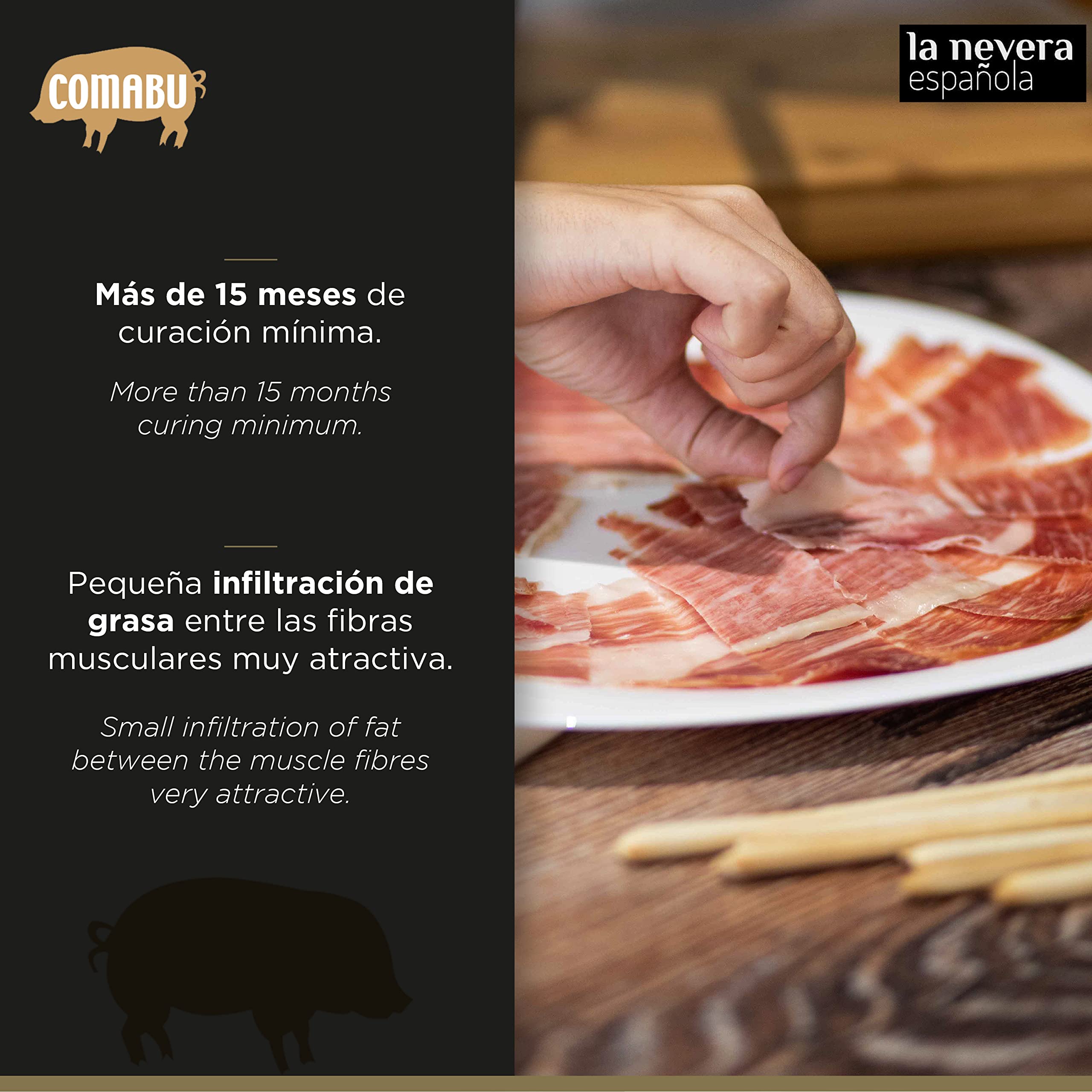 Comabu - Jamón Curado de 8.5 kg Aprox - Pieza de Jamón Serrano de 15 meses de Curación - Pierna Trasera de Cerdo Blanco