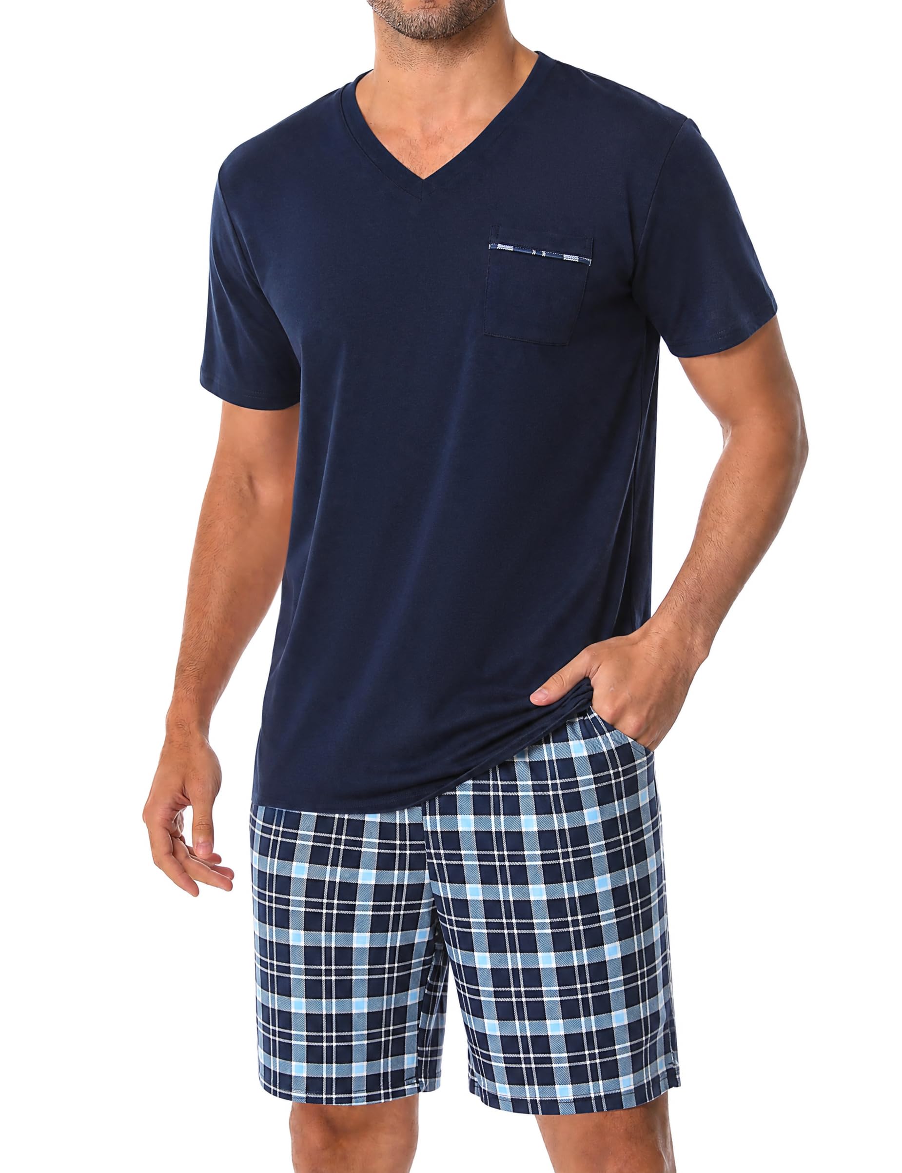 Bresdk Pijamas Cortos Hombre Algodón Verano Camisa de Manga Corta con Cuello en V y Pantalones Cortos a Cuadros Pijama 2 Piezas con Bolsillos Pecho