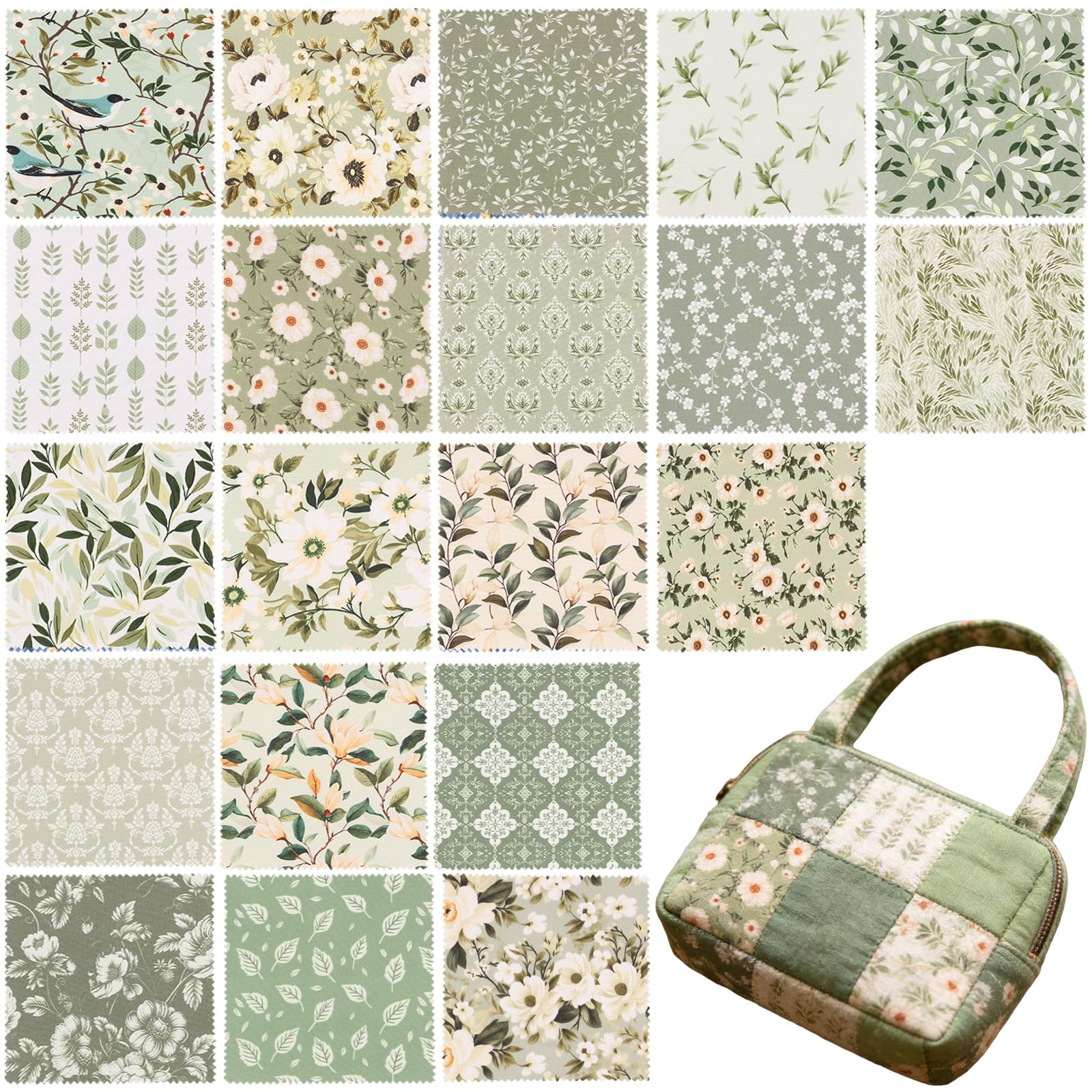 Qinglang Sage Green 84 Pcs Fabric Squares For Sewing 12.7 X 12.7 Cm (5"X5") Precut Cotton Patchwork Fabric Bundles Eucalyptus Botanical Charm Packs For Quilting, Diy Crafts & Scrapbooking(Sage Green)