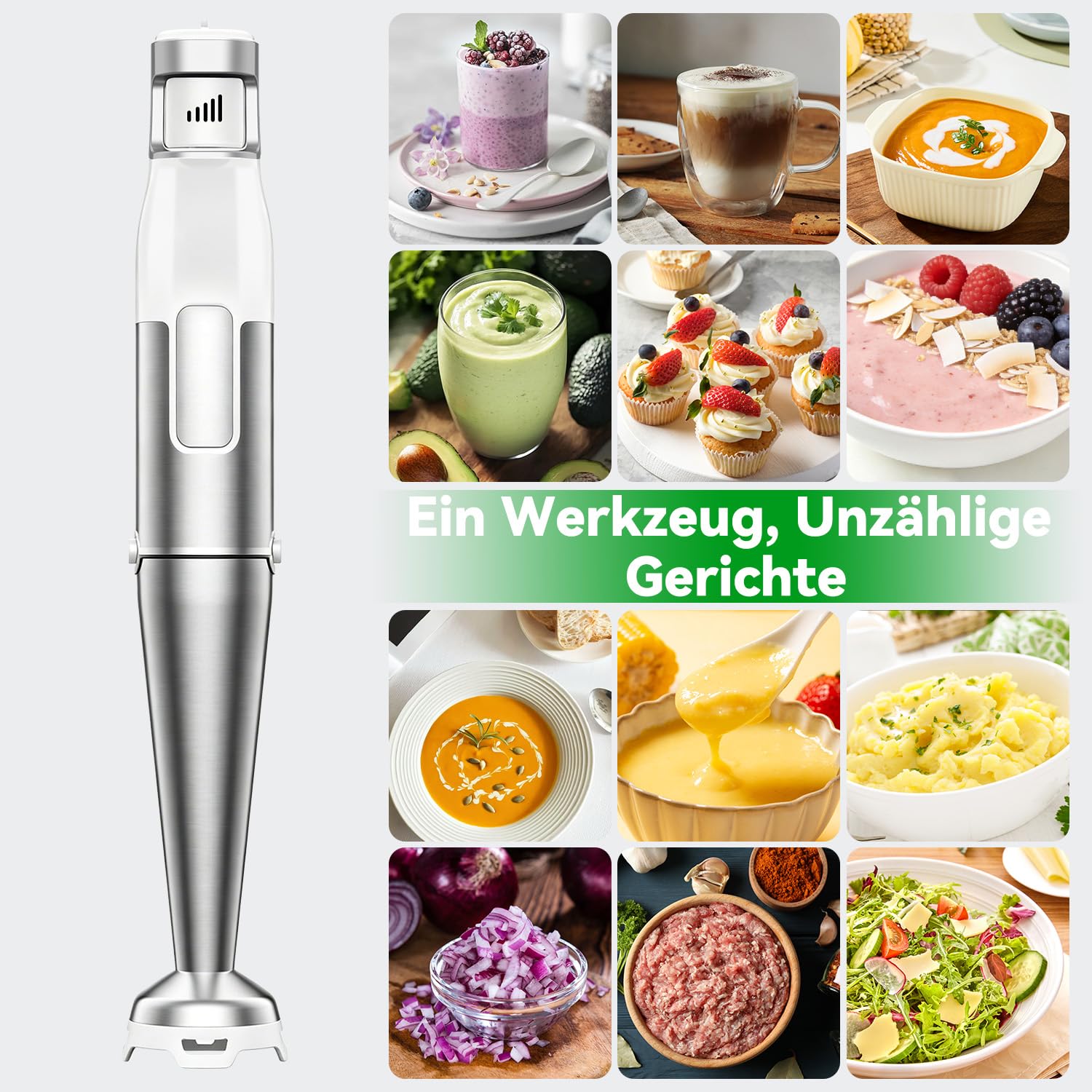 Stabmixer Set 5 in 1, 1100W Pürierstab Elektrisch, Edelstahl Hand Blender