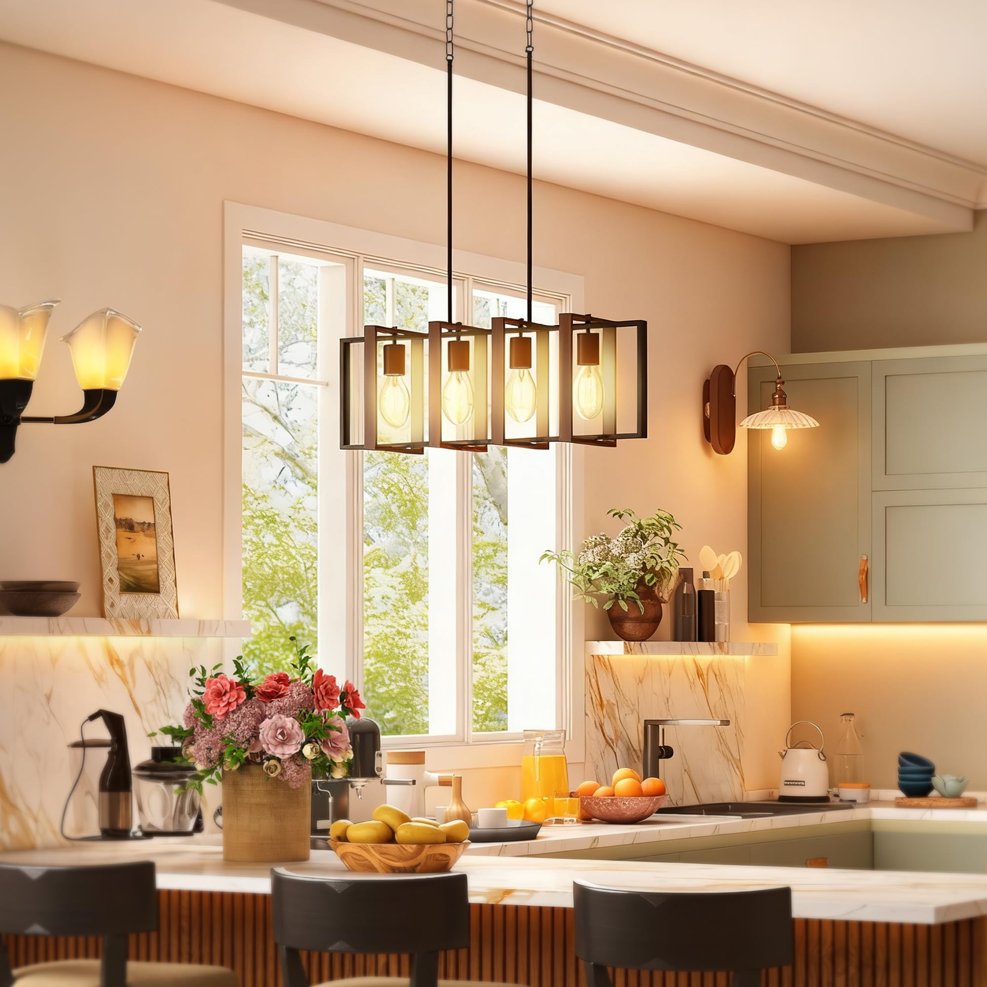 HOMCOM Lampadario a Sospensione 80x21x90-130 cm Nero e Marrone Noce | Altezza Regolabile, Stile Aziendale, Prese E27, Soggiorno Sala Da Pranzo Corridoio, Lampadina Non Inclusa