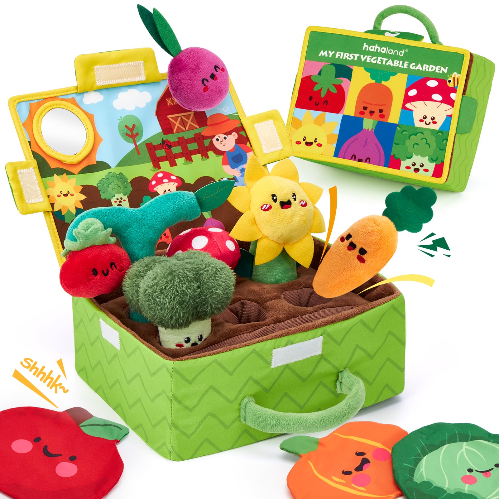 hahaland Jouet Bebe 6-12 Mois - Peluche Fruits légumes Plante | Jeux Potager Bebe 6 Mois avec Carotte, Fleur, Hochets, Miroir et Tissus Froissés - Cadeau Enfant 1 an
