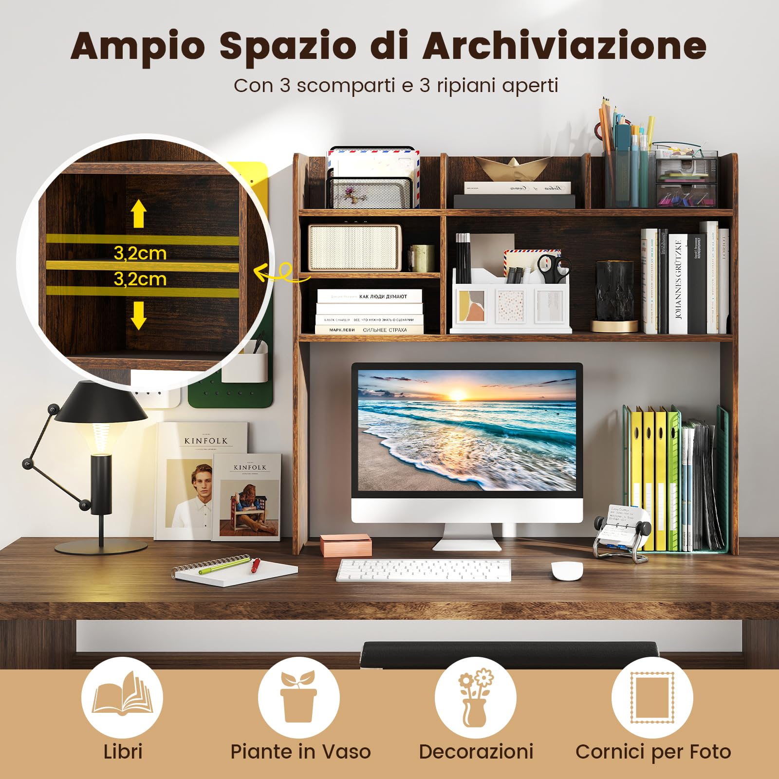 RELAX4LIFE Libreria da Scrivania con 6 Scomparti in Legno, Scaffale da Scrivania per Monitor, Organizzatore Aperto per Dormitorio Ufficio Studio, 94 x 24 x 85 cm (Industriale)