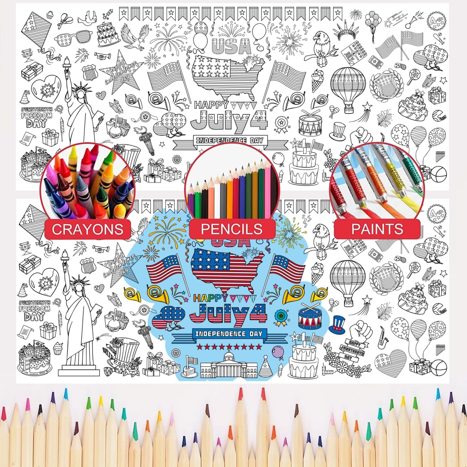 Toylin 4th of July Giant Coloring Tablecloth,Patriotic Giant Poster 30x72 for Independence Day, Decor American Flag Poster TableCover,Kids Art Crafts Coloring for Classroom School Party Tablecloth