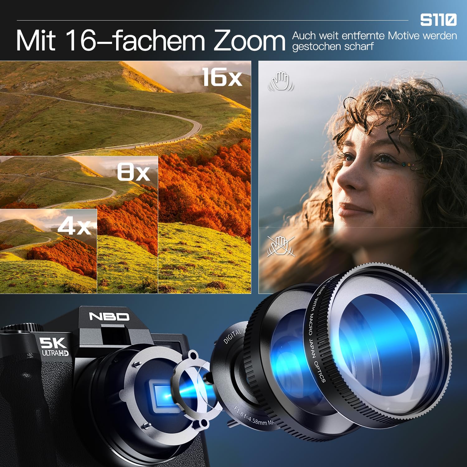 NBD 5K Digitalkamera 64MP mit Autofokus & 16X Zoom, 3" 180° klappbarem Display, WiFi – Inkl. Weitwinkel/Makro-Linse + Mikrofon + 64GB Karte + 2 Akkus (Schwarz)