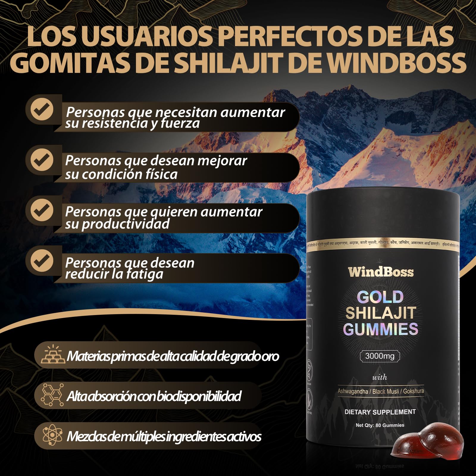 WindBoss Gold Shilajit Gummies del Himalaya en Gominolas – Con Ashwagandha, Gokshura, – Apoyo al Sistema Inmunitario y Equilibrio del Estrés – 80 Gominolas