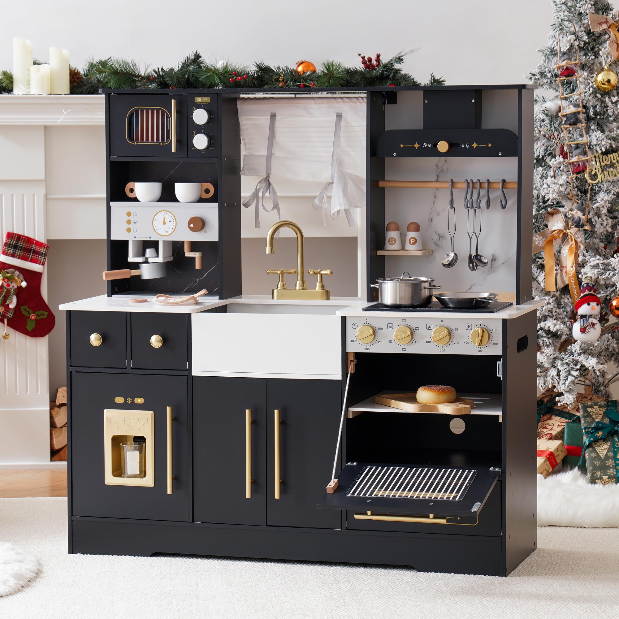 robotime wooden play kitchen for kids, toddler kitchen playset with ice maker and coffee machine, realistic kids play kitchen toy gift for girls & boys ages 3+ black