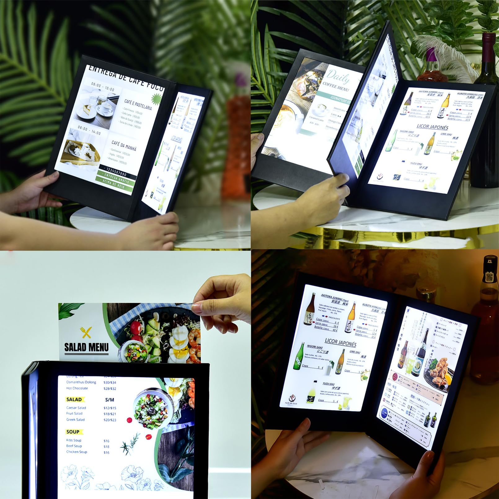 Portamenú Iluminado Recargable, Cubierta De Menú LED Retroiluminada Personalizable – Carpeta Plegable De Doble Panel De Cuero PU para Restaurante, Hotel, Bar Y Alta Cocina