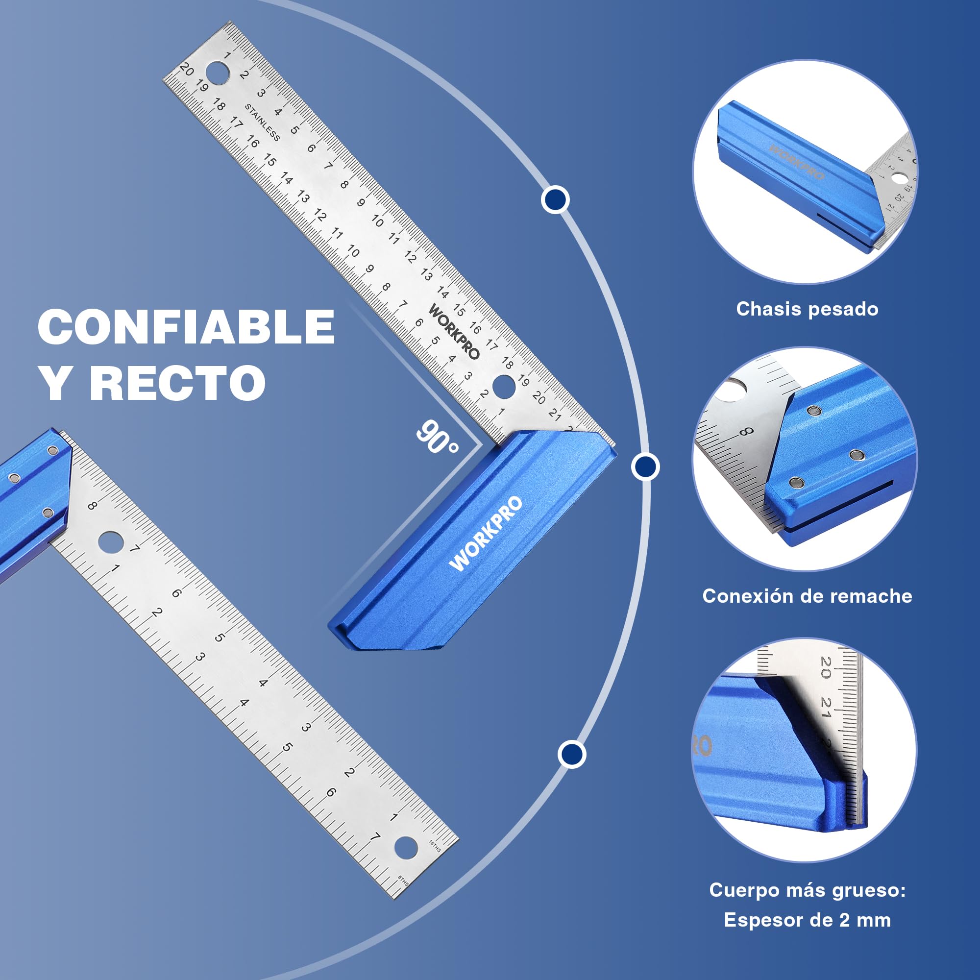 WORKPRO Escuadra para Carpintería con Mango de Aluminio, Precisión Cuadrada 200mm para Uso Profesional de Carpintería y Regla de Acero Inoxidable de Primera Calidad
